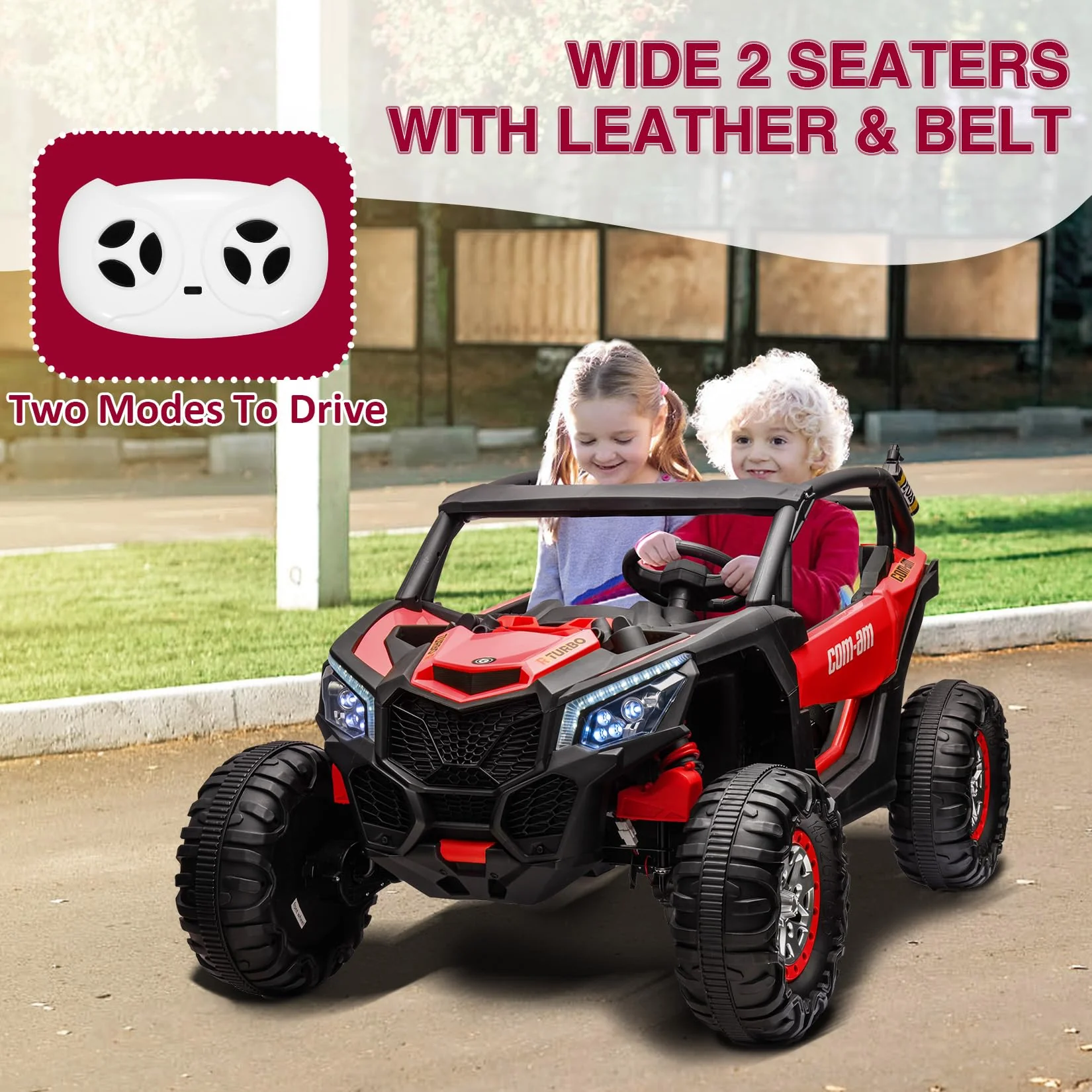 Garvee 24V 2 Seater Kids Ride on UTV Car For age 3+, w/Remote Control, 4WD Powerful Electric Vehicle with 4x75W Motors, 4 Shock Absorber, Leather Seat, Music and Light - Red