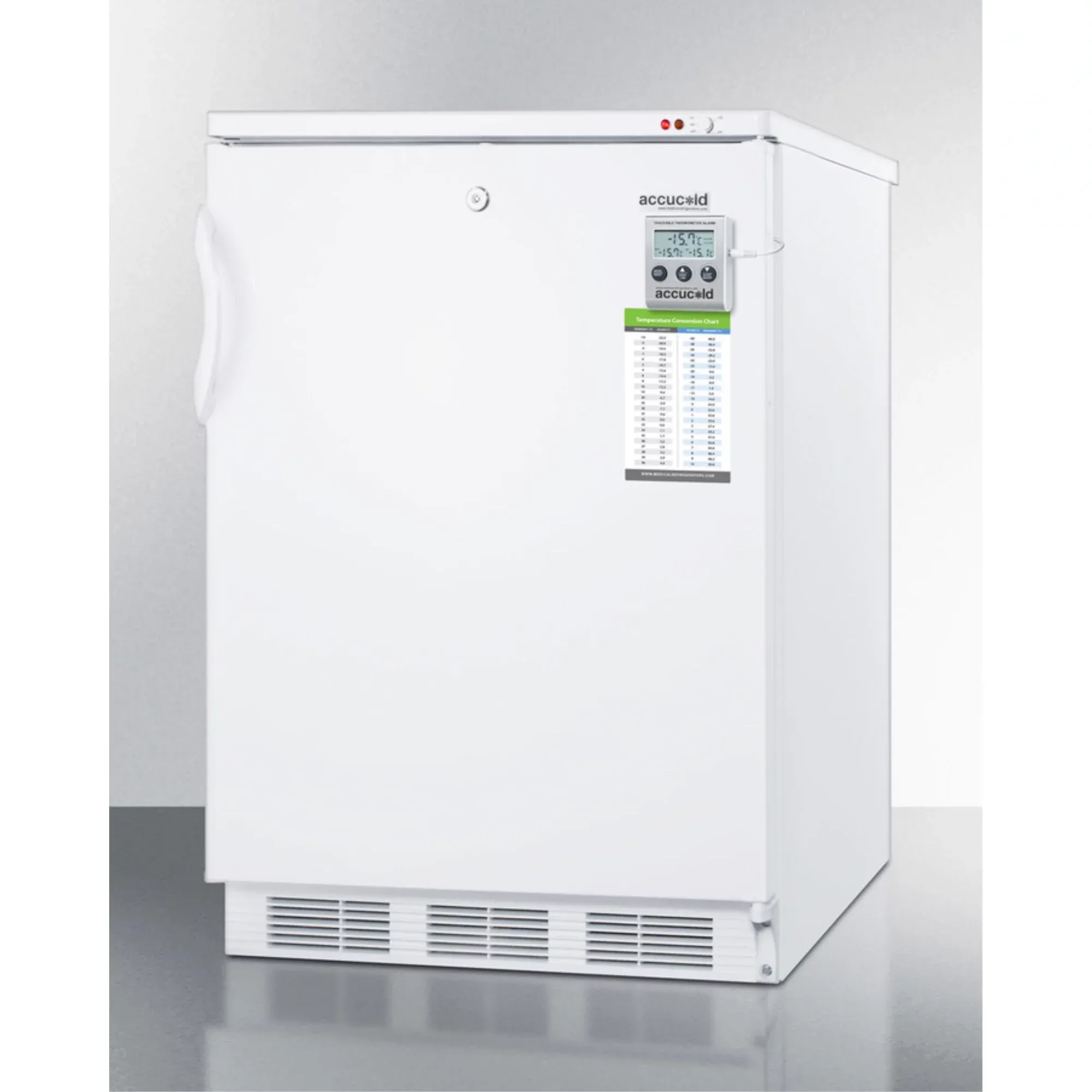 Built-in undercounter freezer capable of -25 C operation; includes audible alarm, lock, and hospital grade plug
