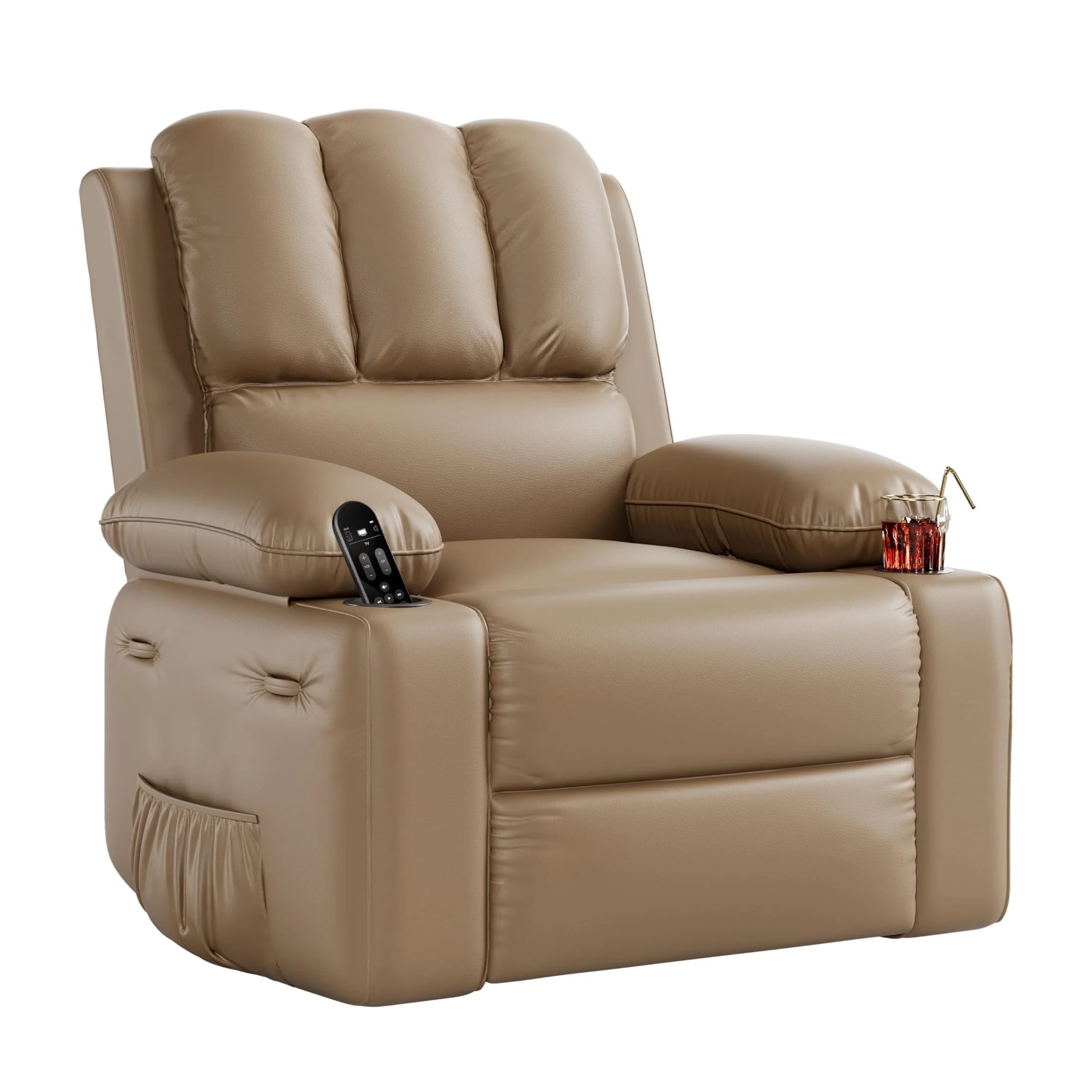 Garvee 22'' Rocker Swivel Recliner Chair, Lazy Boy Recliner for Adults, with 1.5X Sponge Filling, Side Pocket, and Cup Holder, for Living Room, Bedroom, and Nursery, Tan