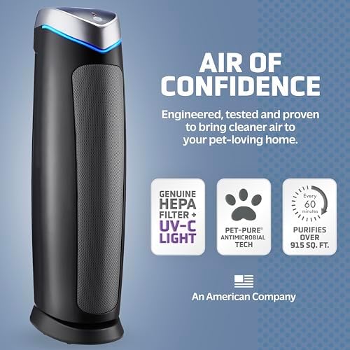 2026 GermGuardian Air Purifier with Genuine HEPA 13 Pet Pure Filter  Removes 99.97% of Pollutants  Covers Large Rooms up to 915 Sq. ft. in 1 Hour  UV-C Light Helps Reduce Germs  28′′  Black  AC5250PT