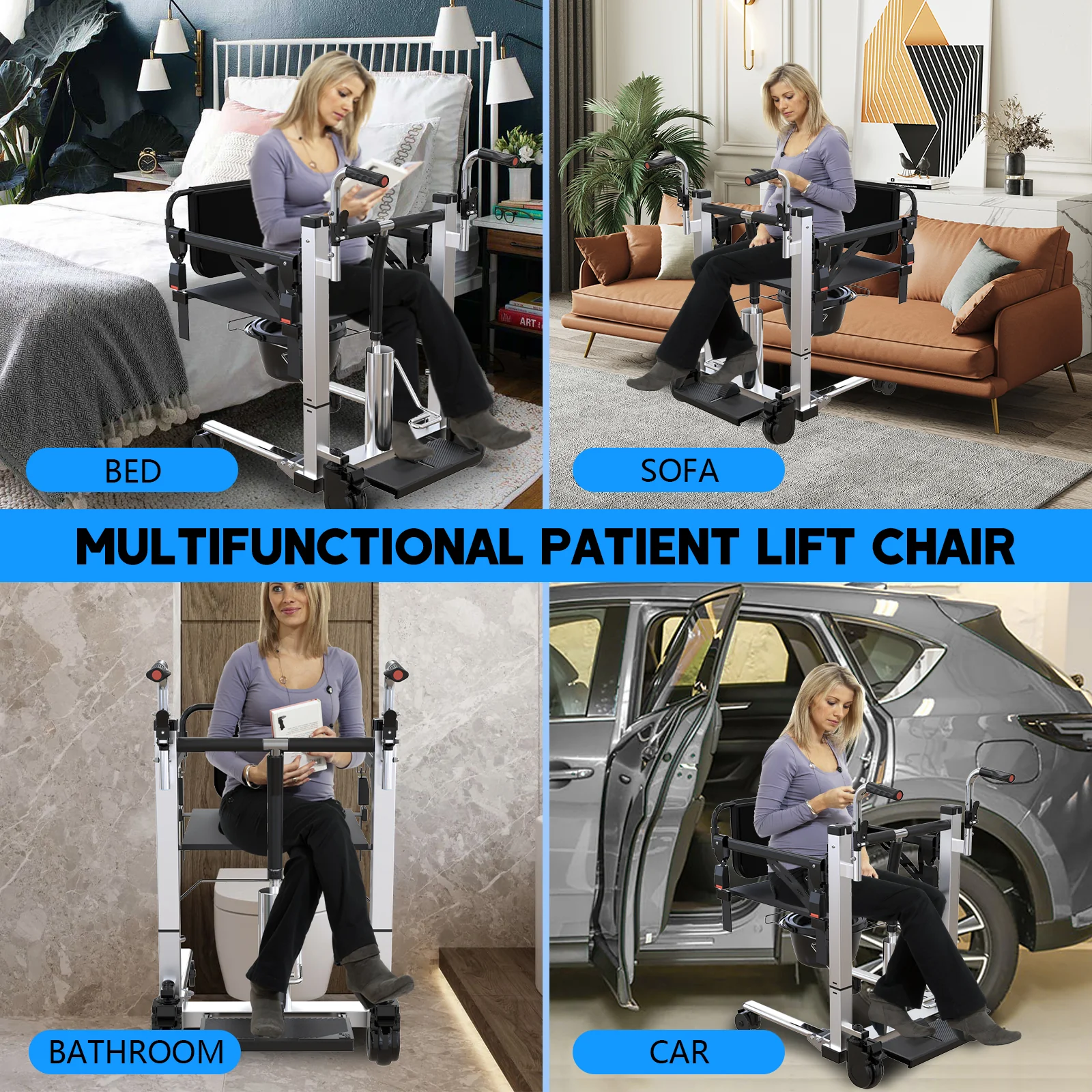 Garvee Hydraulic Patient Lift Transfer Chair Portable Lightweight Adjustable Height Bedside Bathroom Wheelchair for Elderly Care