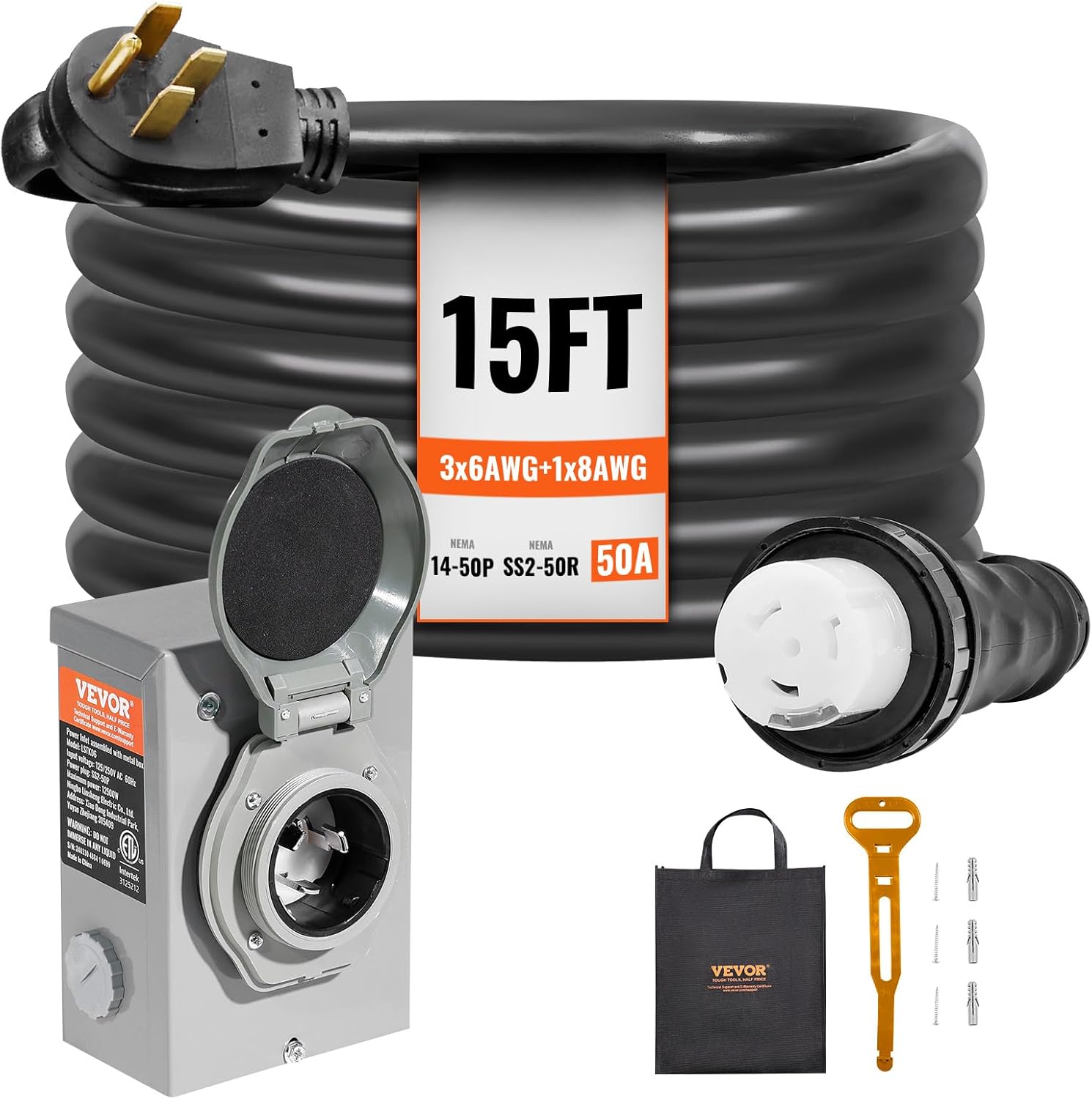 2026 VEVOR 50 Amp Generator Cord and Power Inlet Box Kit  15FT Generator Extension Cord NEMA 14-50P/SS2-50R STW 6/3+8/1 AWG with Twist Lock Connector  Pre-Drilled Inlet Box  ETL Listed
