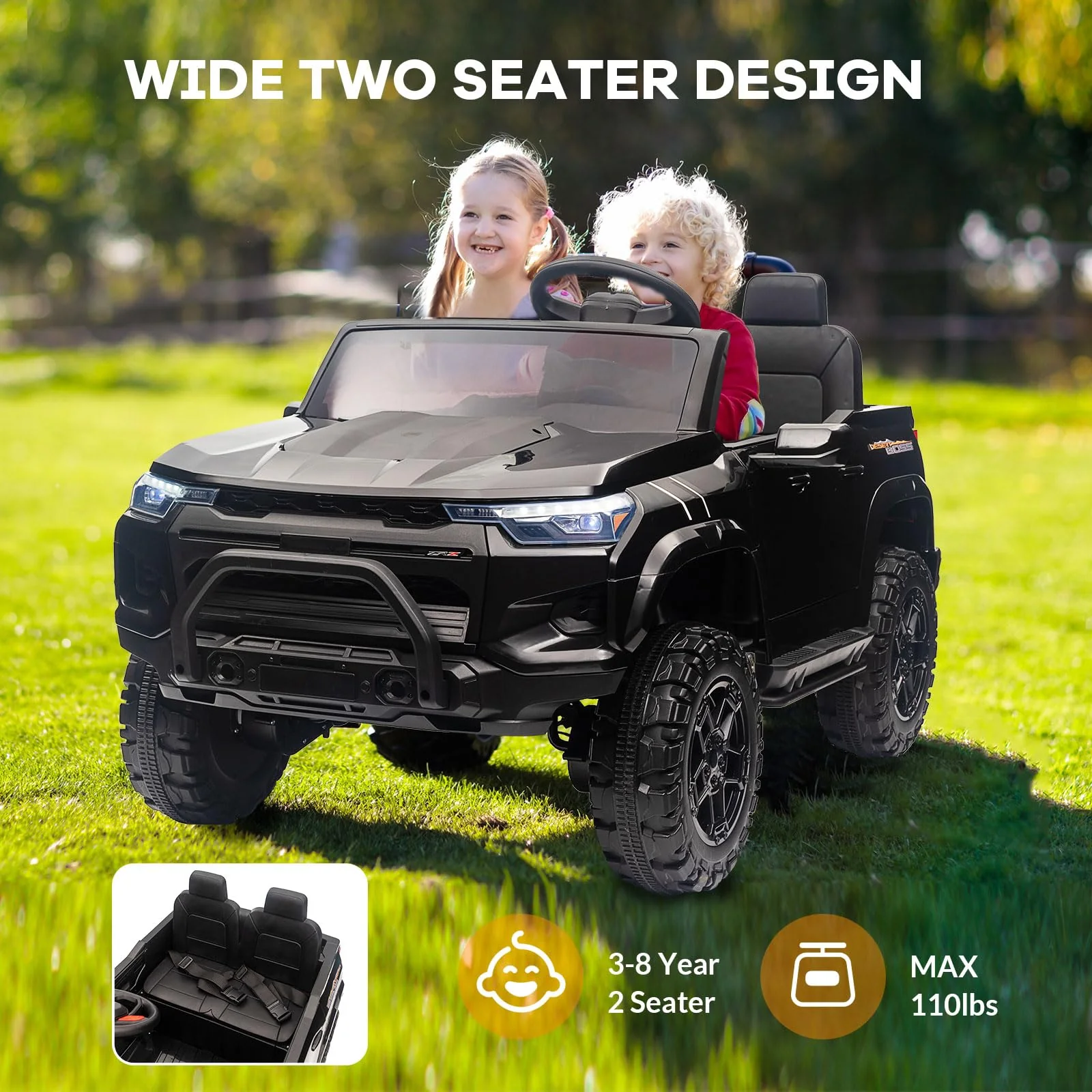 Garvee Electric Kids Ride on Truck, 2 Seater Truck Car Toys, Ride on Car Electric Vehicles w/Remote Control, 24V Battery, Dual Drive, LED Lights, Bluetooth, MP3, Battery Powered Electric Cars for Kids, Black
