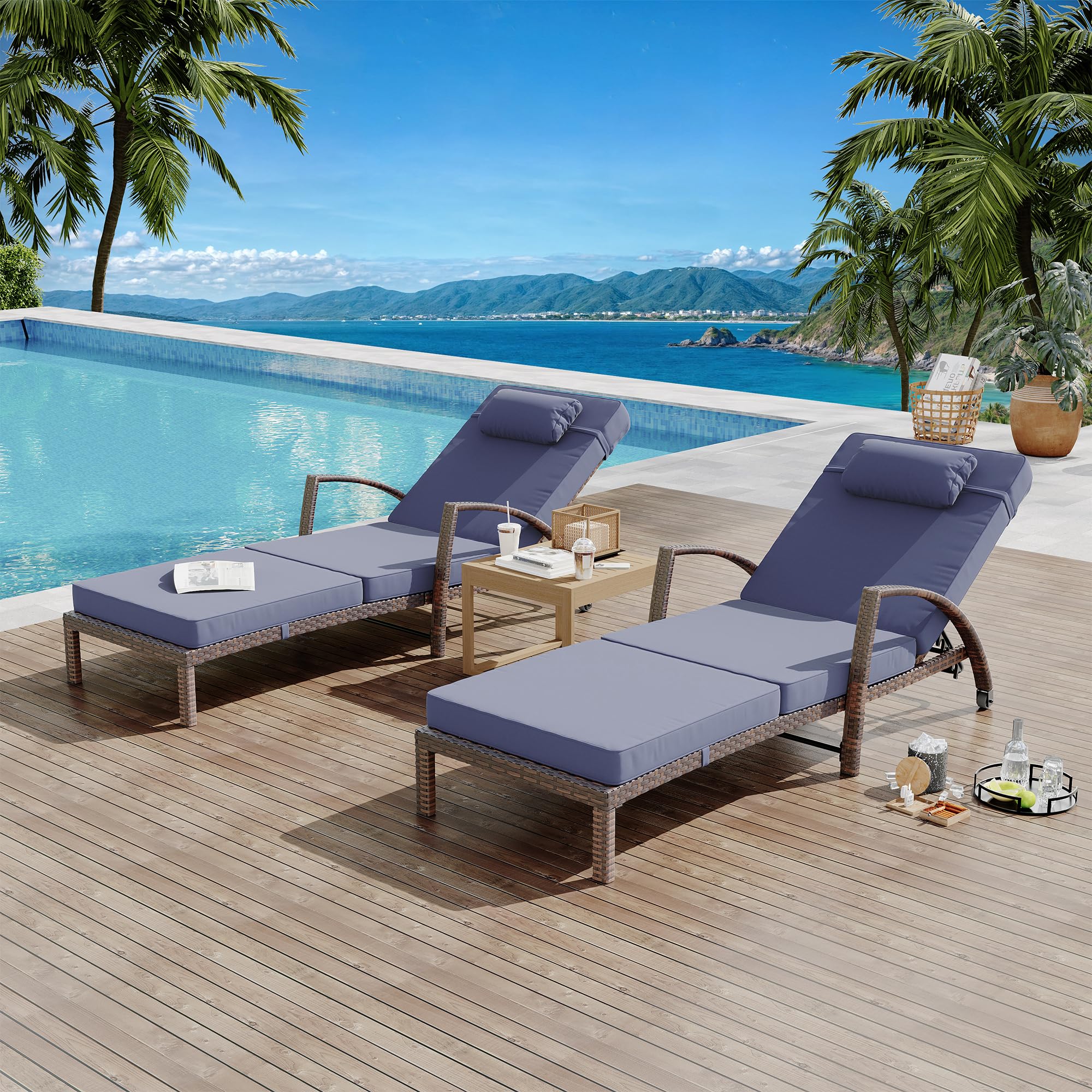 Garvee Outdoor Chaise Lounge Set of 2 Rattan Patio Folding Chaise Lounge Adjustable 5 Position Back Patio Pool Lounge Chair with Cushion Pillow for Poolside Backyard Deck Porch Blue