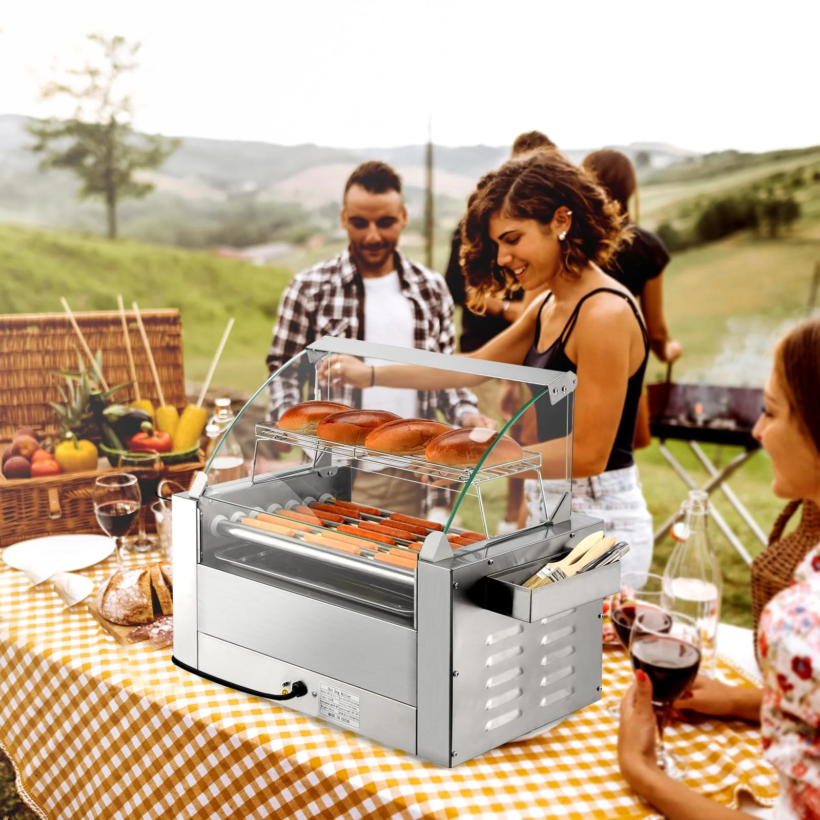 7 Rollers 1,200W 110V 18 Hot Dog Roller Grill with Cover & Bun Warmer