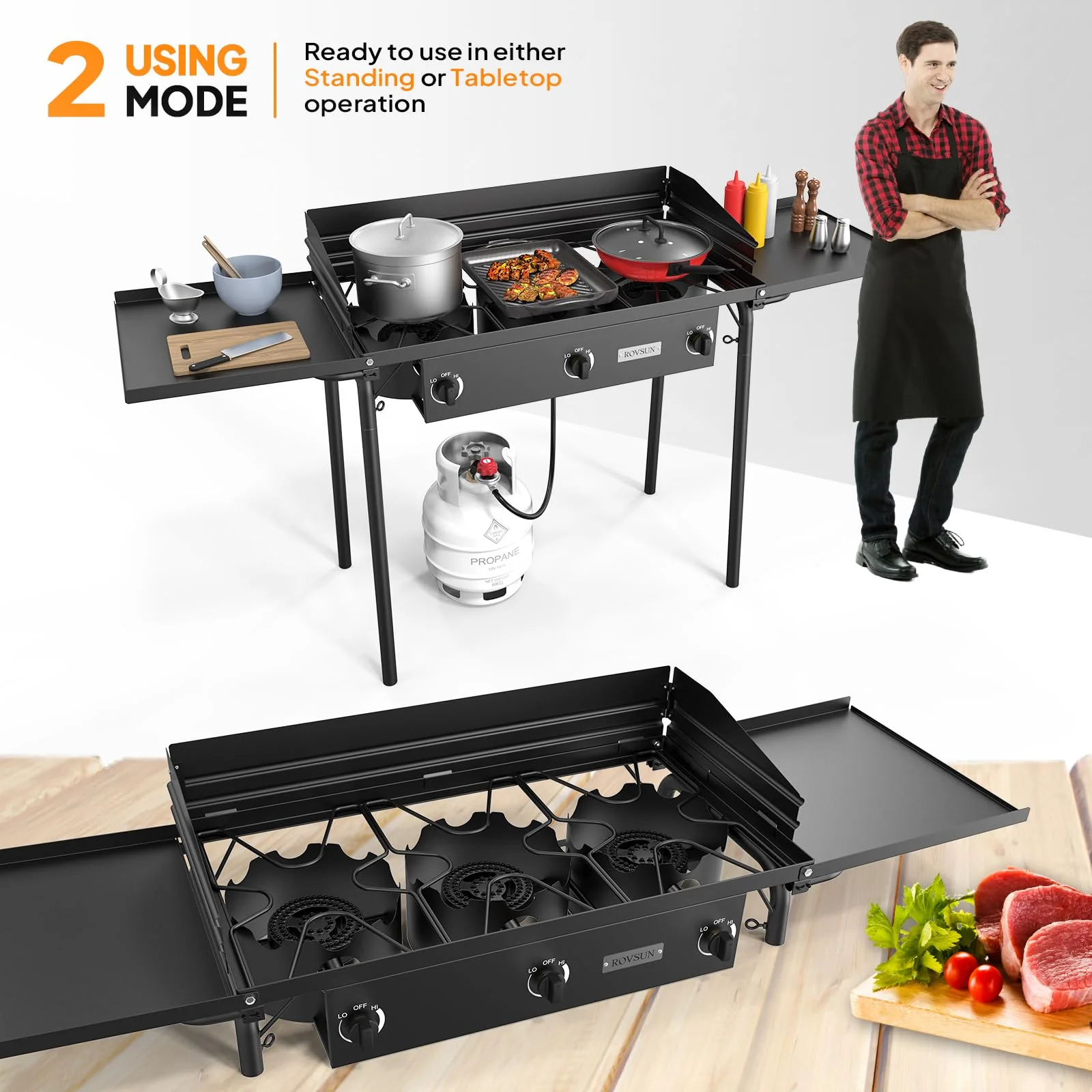 3 Burner 225,000 BTU Outdoor Gas Propane Stove with Windpanel & Side Shelves & Carrying Bag