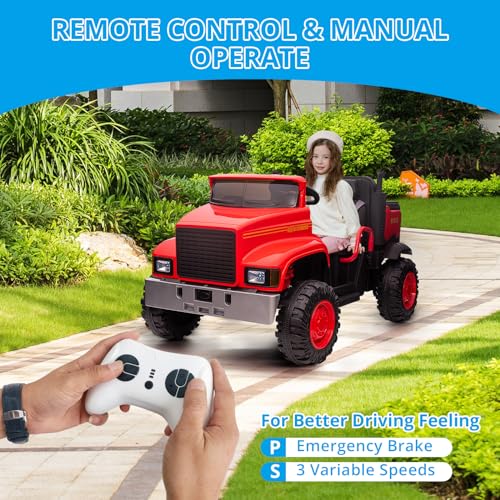 Garvee 24V Ride On Truck with Remote Control Electric UTV Vehicles with Dump Bed, 4WD Power 4x200W Motors,4xSpring Suspension, 3 Speeds, 2 Seater Kids Ride On Toys Best Gifts for Kids - Red