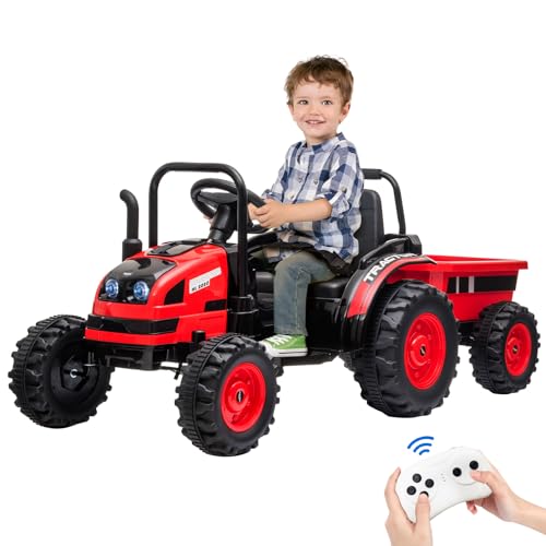 Garvee 12V Electric Ride-On Tractor for Kids with Trailer, Remote Control, Music, LED Lights, and Rear Wheel Suspension - Battery Powered Toy Vehicle - Red