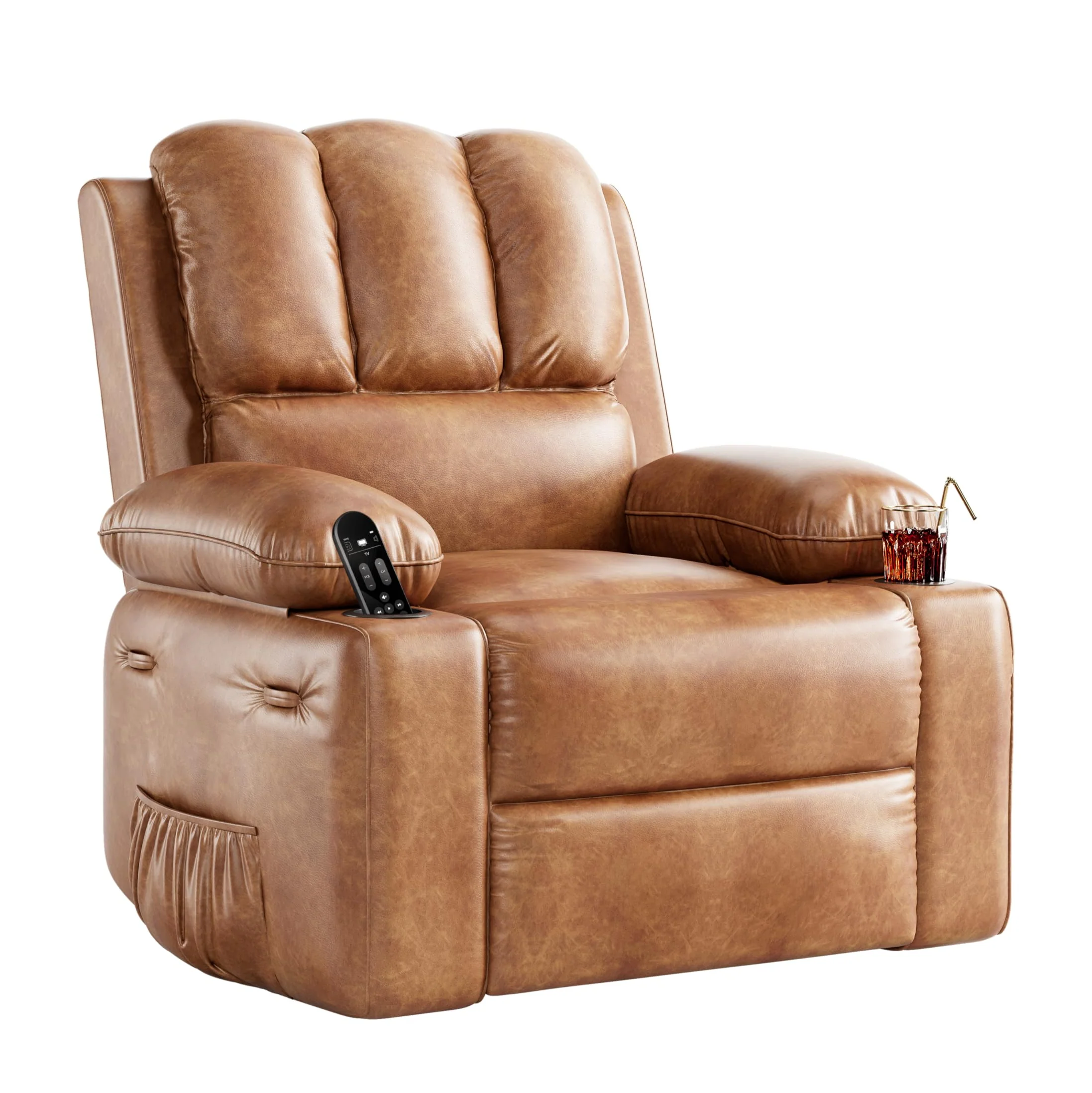 Garvee 22'' Recliner Chair, 360° Manual Rocker Swivel Recliner for Adults, Lounge Chair with Side Pockets and Cup Holders, for Living Room, Bedroom, and Nursery, Vintage Leather