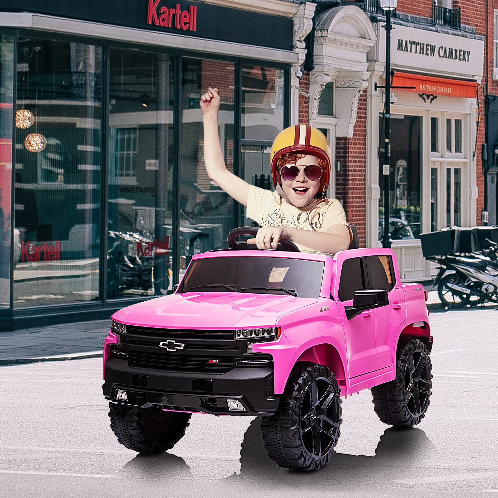 Garvee 12V Ride on Car with Remote Control, Battery Powered Licensed Chevrolet Silverado GMC Kids Ride On Truck, Toddler Electric Vehicles Toys,Music,FM,Bluetooth, Spring Suspension, LED Light - Pink