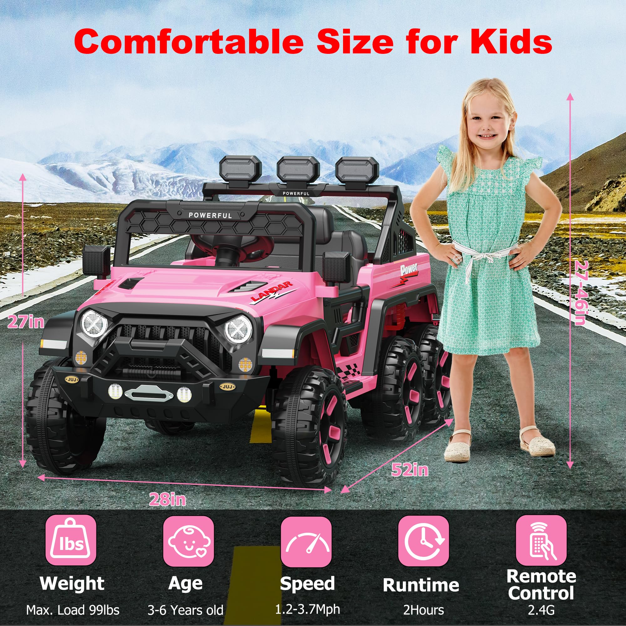 Garvee 24V 4WD Ride on Car Kids Ages 3-8, with 6 EVA Wheels, Battery Powered & Remote Control, 3 Adjustable Speeds, Soft Start, Battery Display, Music - Pink