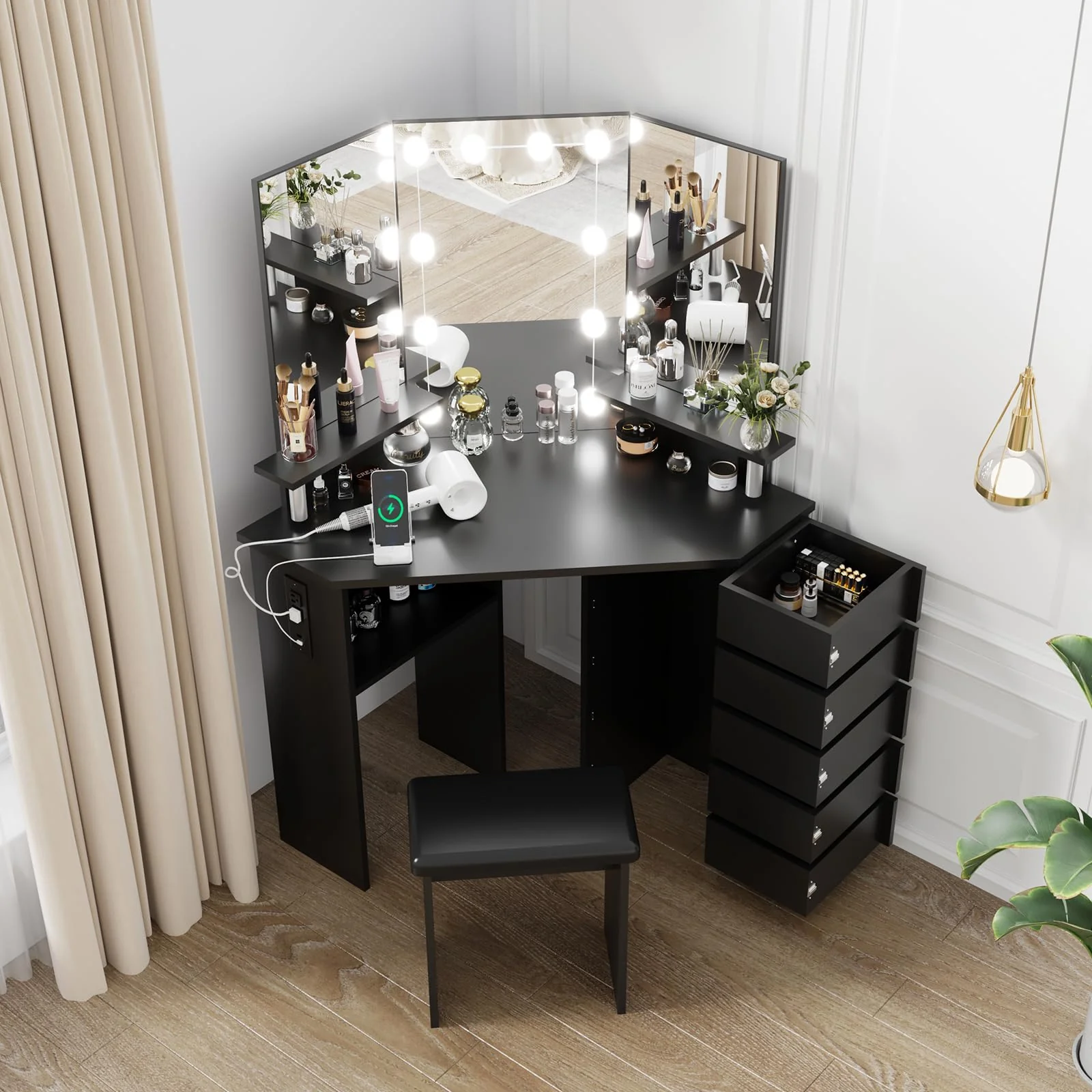 Garvee Corner Makeup Vanity Desk with Lights & Power Outlet - Spacious Tri-Folding Mirror, Adjustable Brightness, 5 Rotating Drawers, Ample Storage, Stool Included