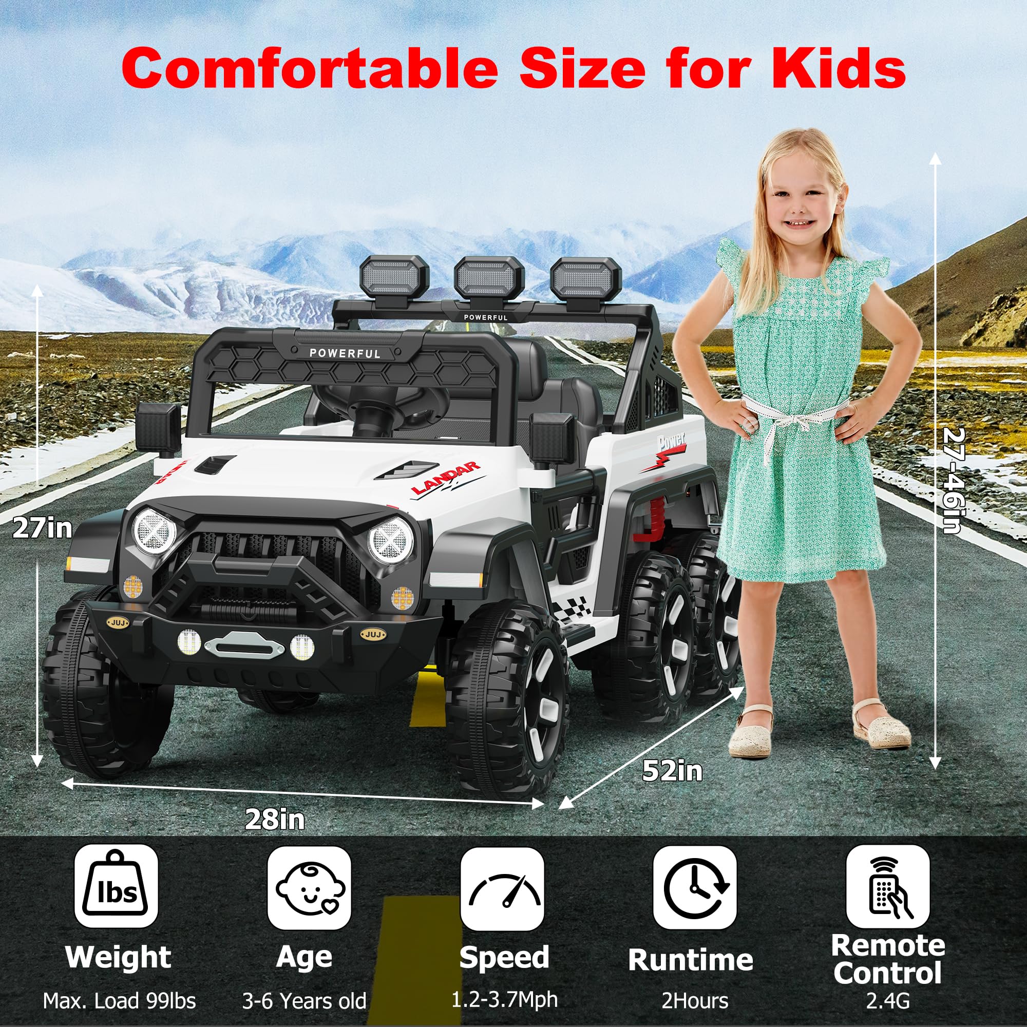 Garvee 24V 4WD Ride on Car Kids Ages 3-8, with 6 EVA Wheels, Battery Powered & Remote Control, 3 Adjustable Speeds, Soft Start, Battery Display, Music - White