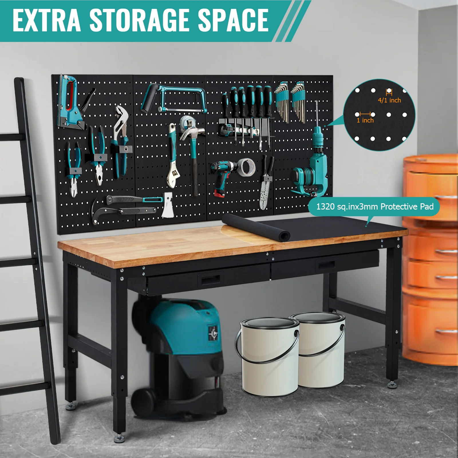 Garvee 60x22 Inch WorkBench, Rubber Wood Tabletop Work Table with 2 Drawers & Pegboard Pad, 2000 LBS Heavy Duty Adjustable Height Work Bench Table with Power Outlets for Workshop, Office