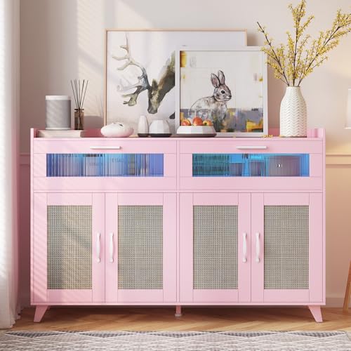 Garvee Sideboard Buffet Cabinet With Power Outlet & LED Light, Kitchen Storage Cabinet With 2 Fluted Acrylic Drawers & 4 Rattan Doors, Coffee Bar Cabinet Wood Buffet Table for Kitchen, Dining Room (Pink)