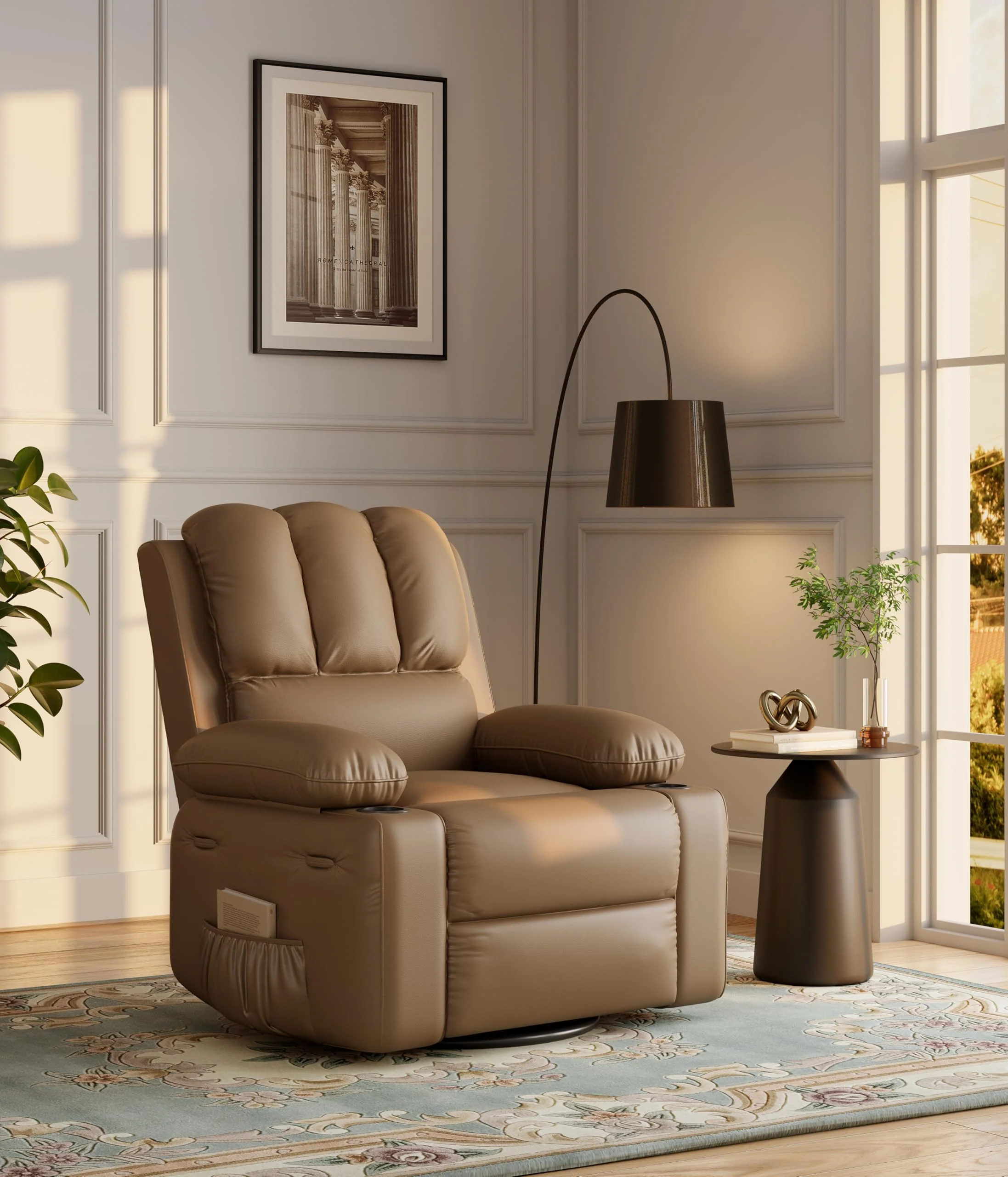 Garvee 22'' Rocker Swivel Recliner Chair, Lazy Boy Recliner for Adults, with 1.5X Sponge Filling, Side Pocket, and Cup Holder, for Living Room, Bedroom, and Nursery, Tan