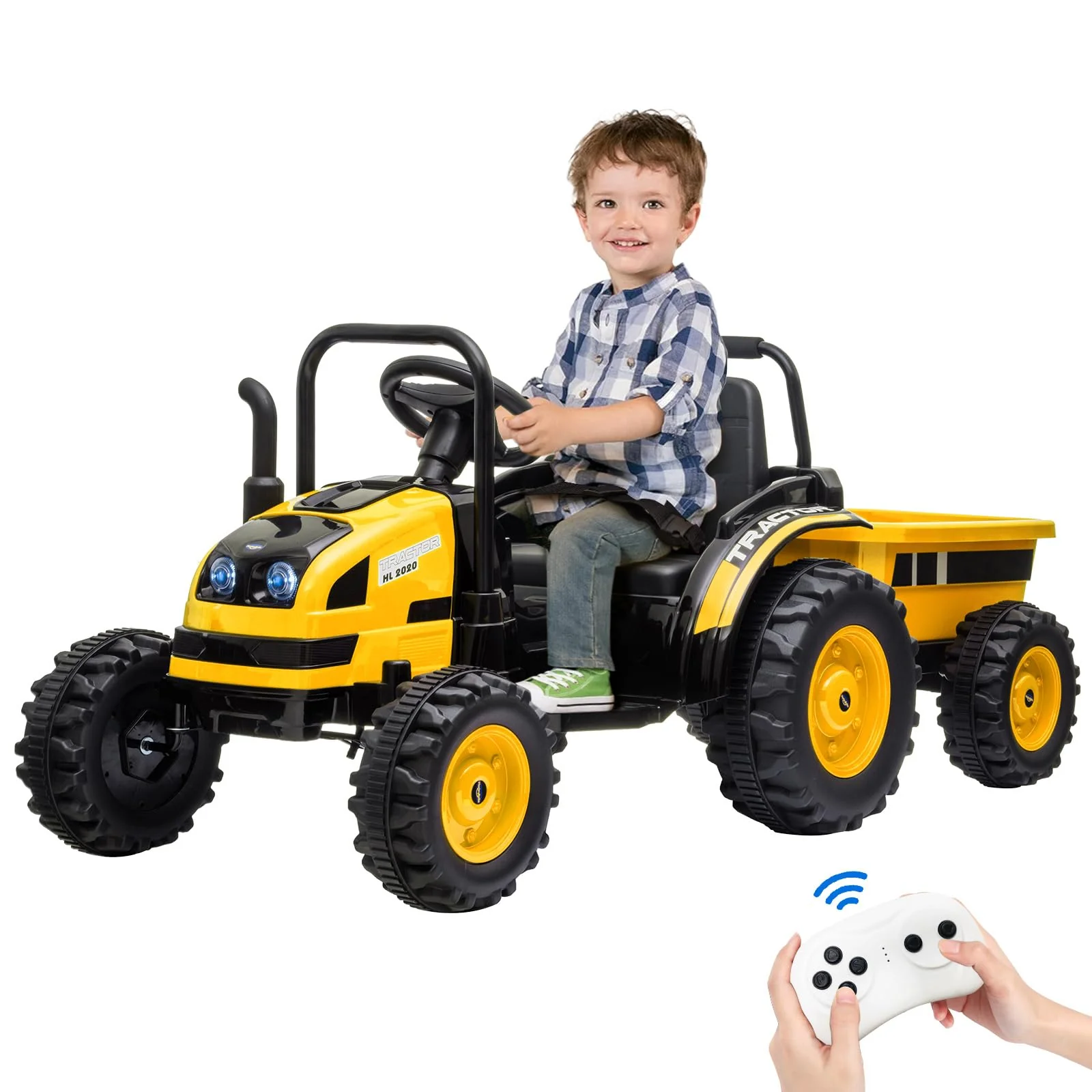Garvee 12V Electric Ride-On Tractor for Kids with Trailer, Remote Control, Music, LED Lights, and Rear Wheel Suspension - Battery Powered Toy Vehicle - Yellow
