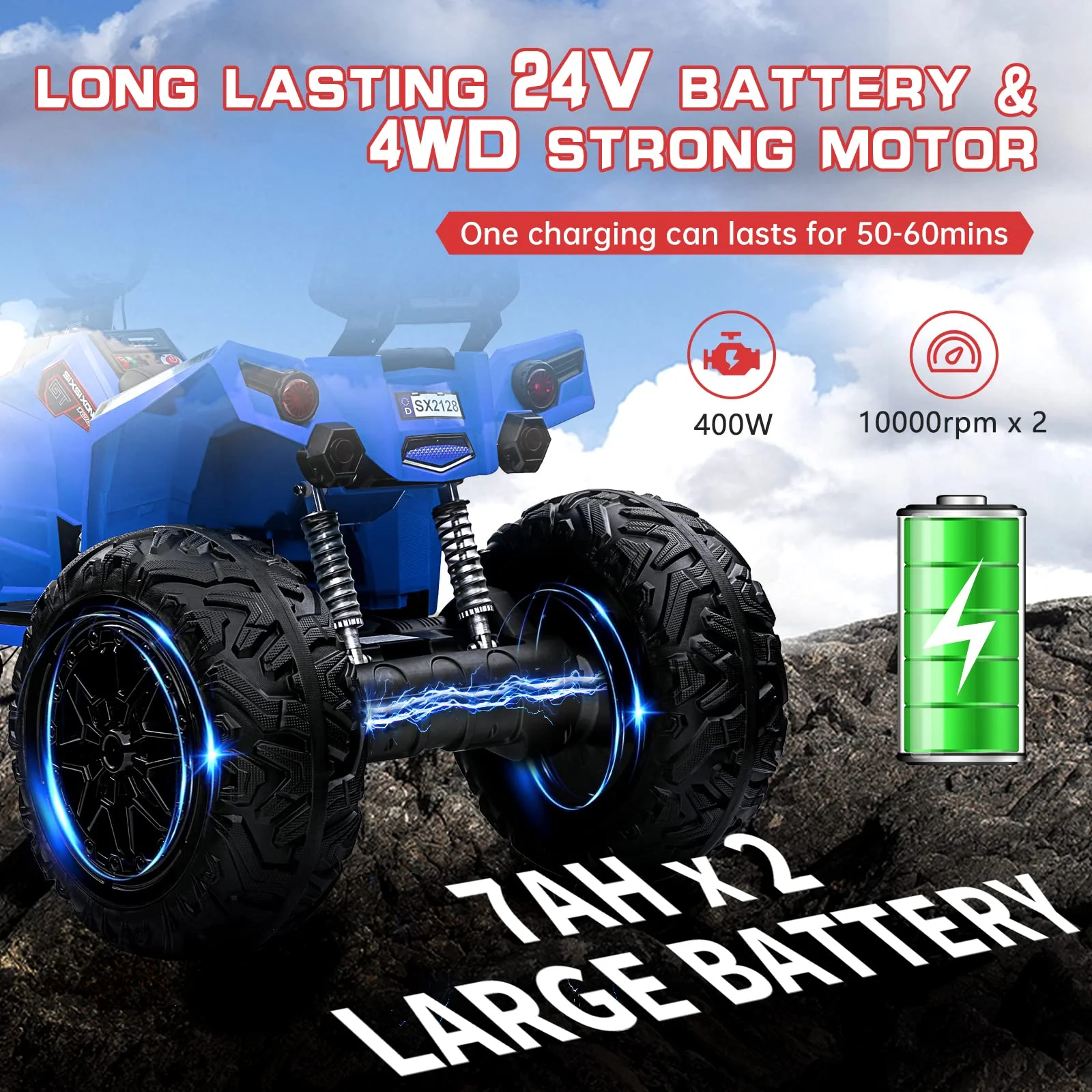 Garvee 24V Kids Quad ATV, Ride on Car 4WD Quad Electric Vehicle, 4x80W Powerful Engine, with 7AHx2 Large Battery, Accelerator Handle, EVA Tire, Full Metal Suspension, LED Light, Bluetooth&Music - Blue