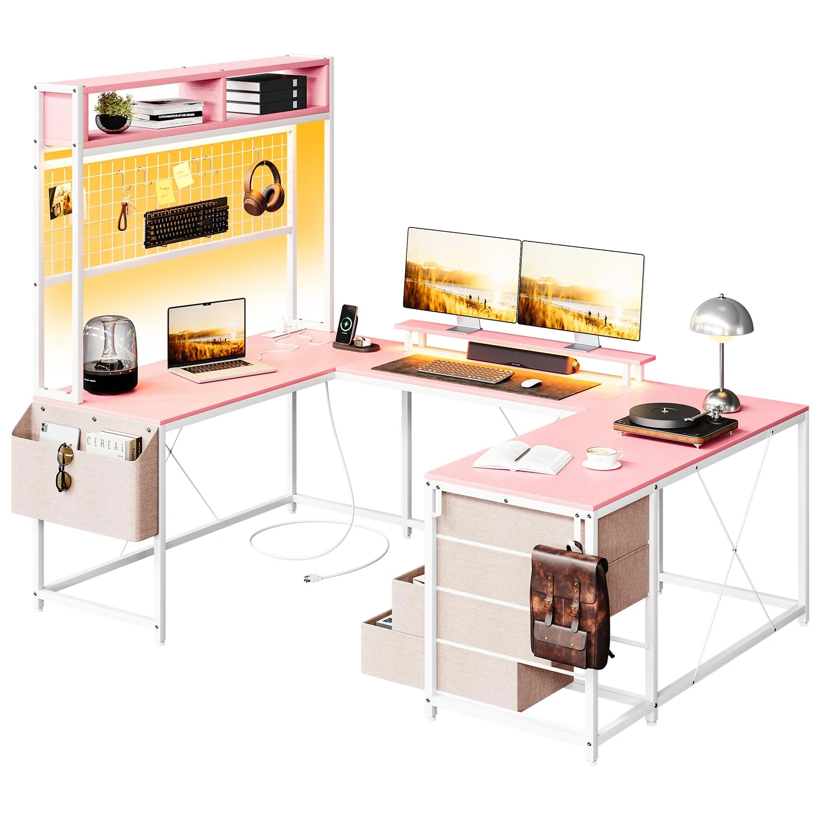 Garvee U Shaped Desk with Monitor Stand and LED Lights, U Shaped Gaming Desk with Storage Shelves, Large Computer Desk with Power Outlets, Large Corner Office Desk with 4 Drawers,Pink