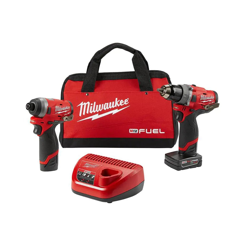 Milwaukee M12 FUEL 12-Volt Lithium-Ion Brushless Cordless Hammer Drill and Impact Driver Combo Kit w/ 2 Batteries and Bag (2-Tool)