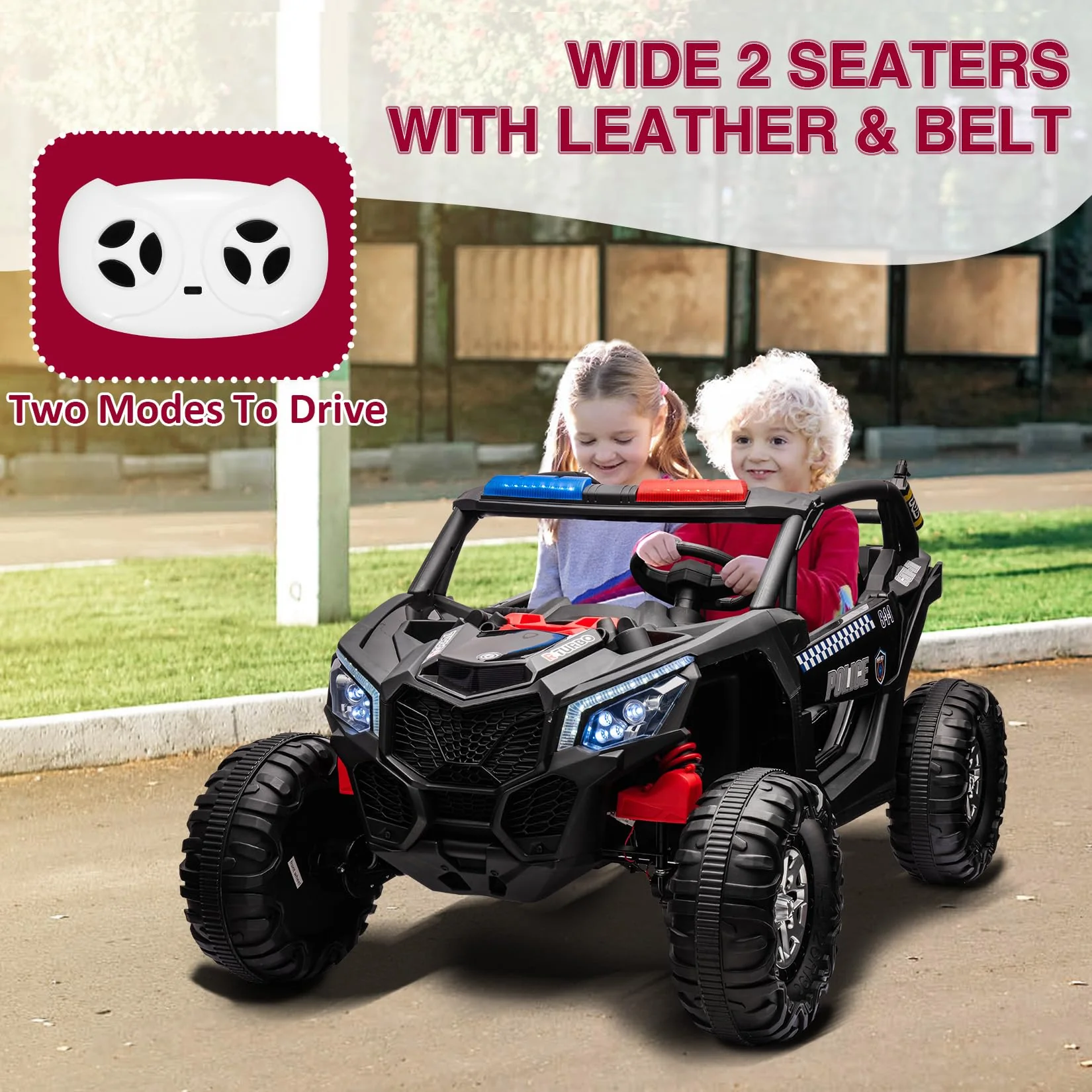 Garvee 24V 2 Seater Kids Ride on UTV Car For age 3+, w/Remote Control, 4WD Powerful Electric Vehicle with 4x75W Motors, 4 Shock Absorber, Leather Seat, Music and Light - Black