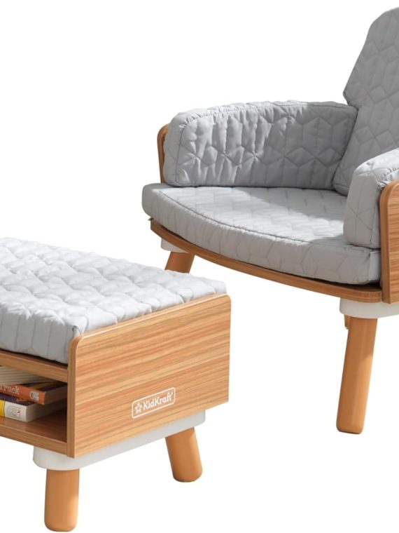 2026 KidKraft Mid-Century KidTM Upholstered Reading Chair & Ottoman with Storage  Furniture for Kids