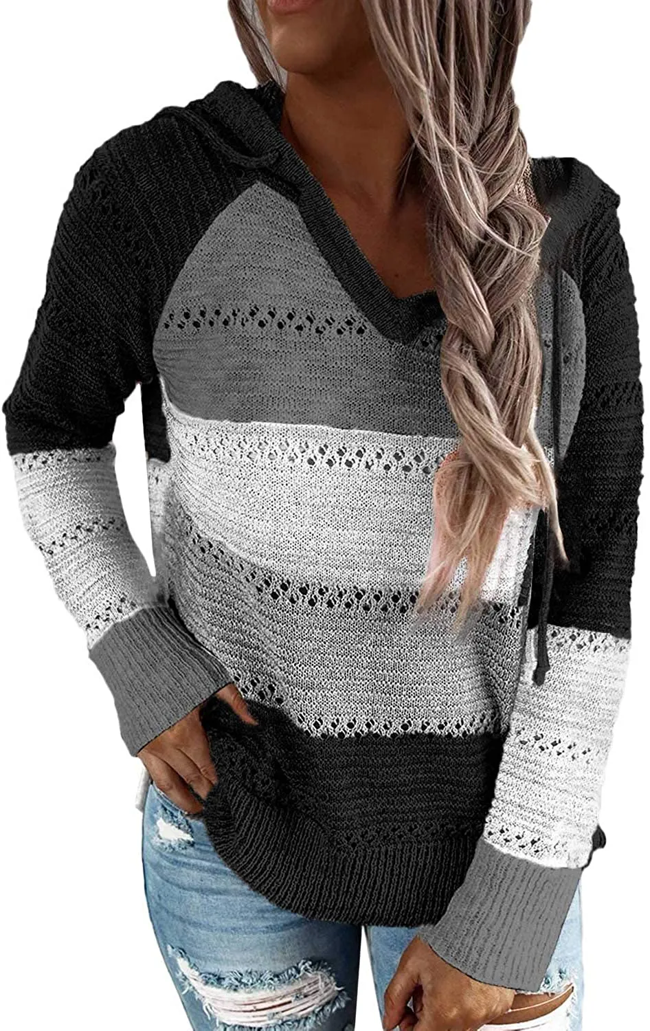 Womens Striped Color Block Hoodies Fashion V Neck Knit Sweater Pullovers