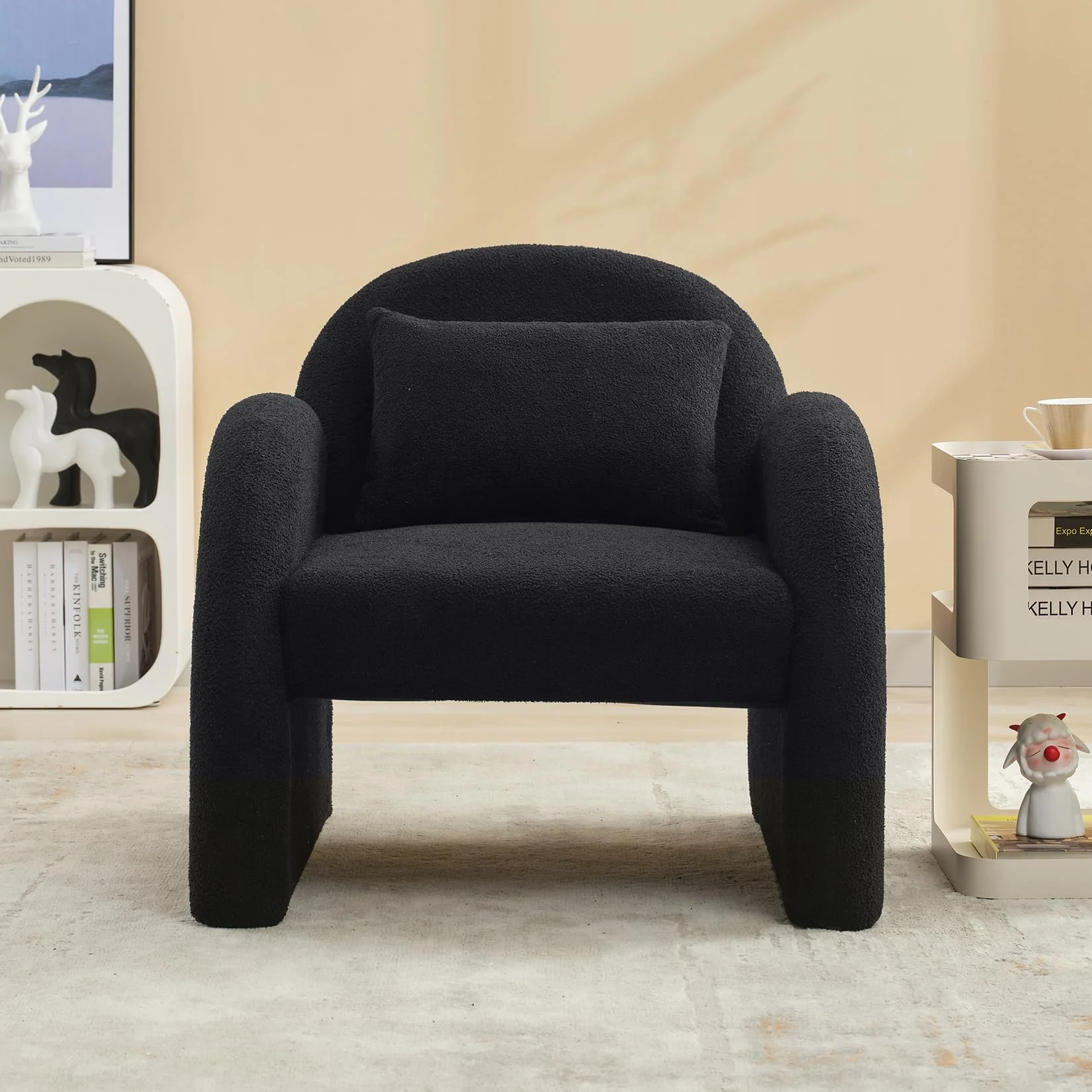 Garvee Sherpa Accent Chair,Teddy Upholstered Arm Single Sofa,Modern Fluffy Reading Chair for Living Room, Bedrooms, Corner,Mid Century Accent Armchair Velvet Black Accent Chair for Office Study