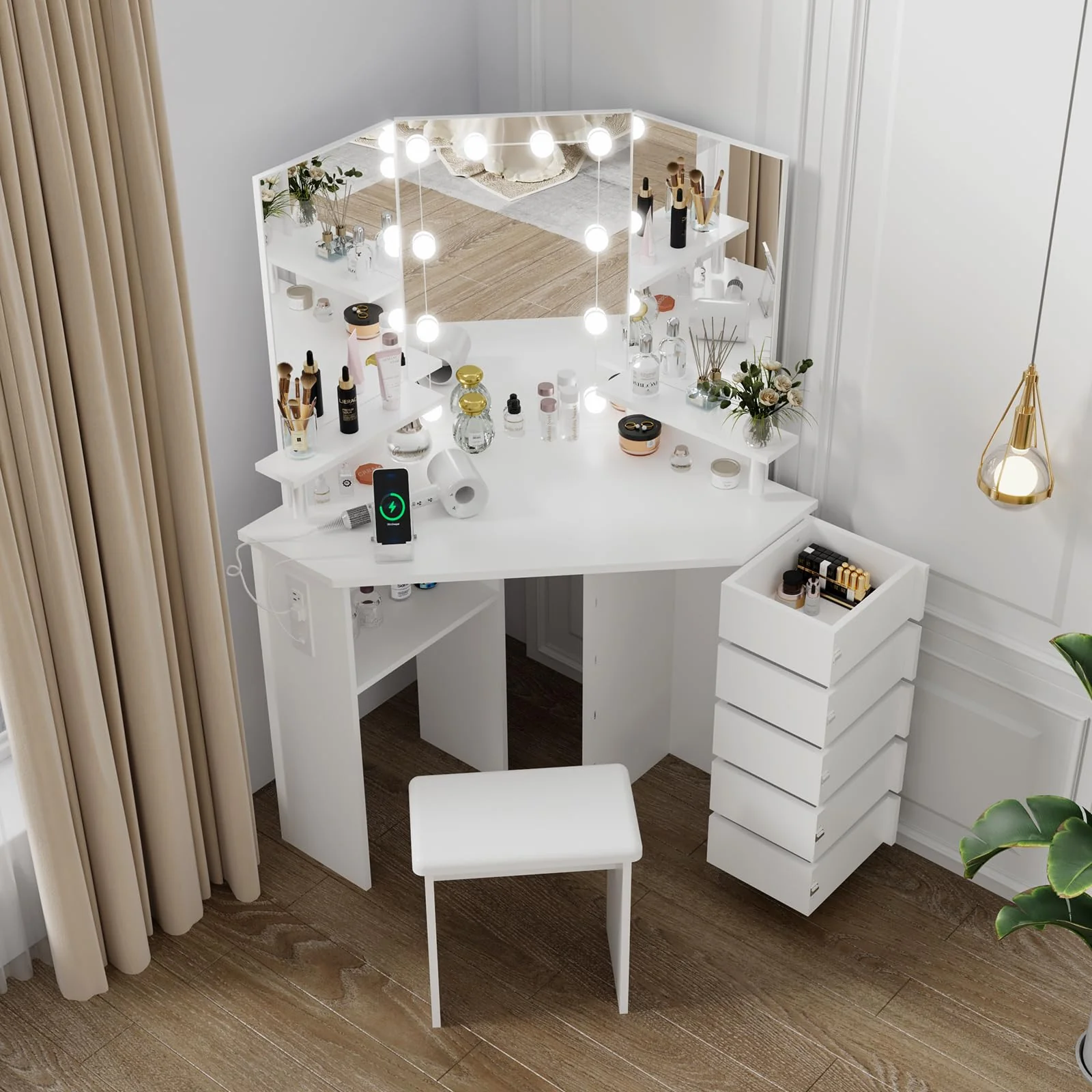 Garvee Corner Makeup Vanity Desk with Lights & Power Outlet - Tri-Folding Mirror, 5 Rotating Drawers, Adjustable Brightness, Ample Storage, Stool Included, Suitable for Bedroom