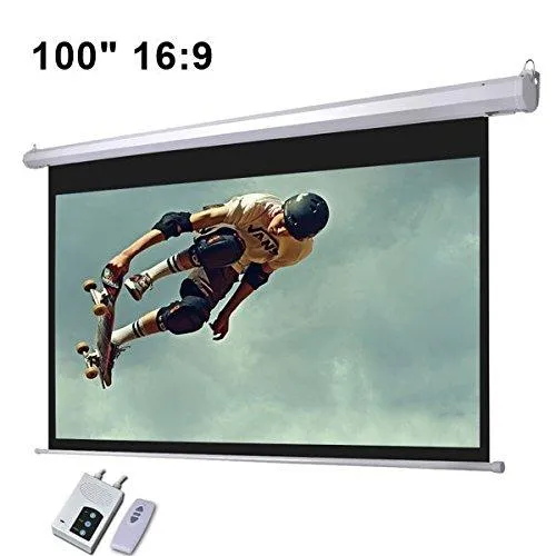 Electronic Wall/Ceiling Matte White Mountable Motorized Projection Screen w/ Remote (100′′ 16:9 Aspect Ratio)