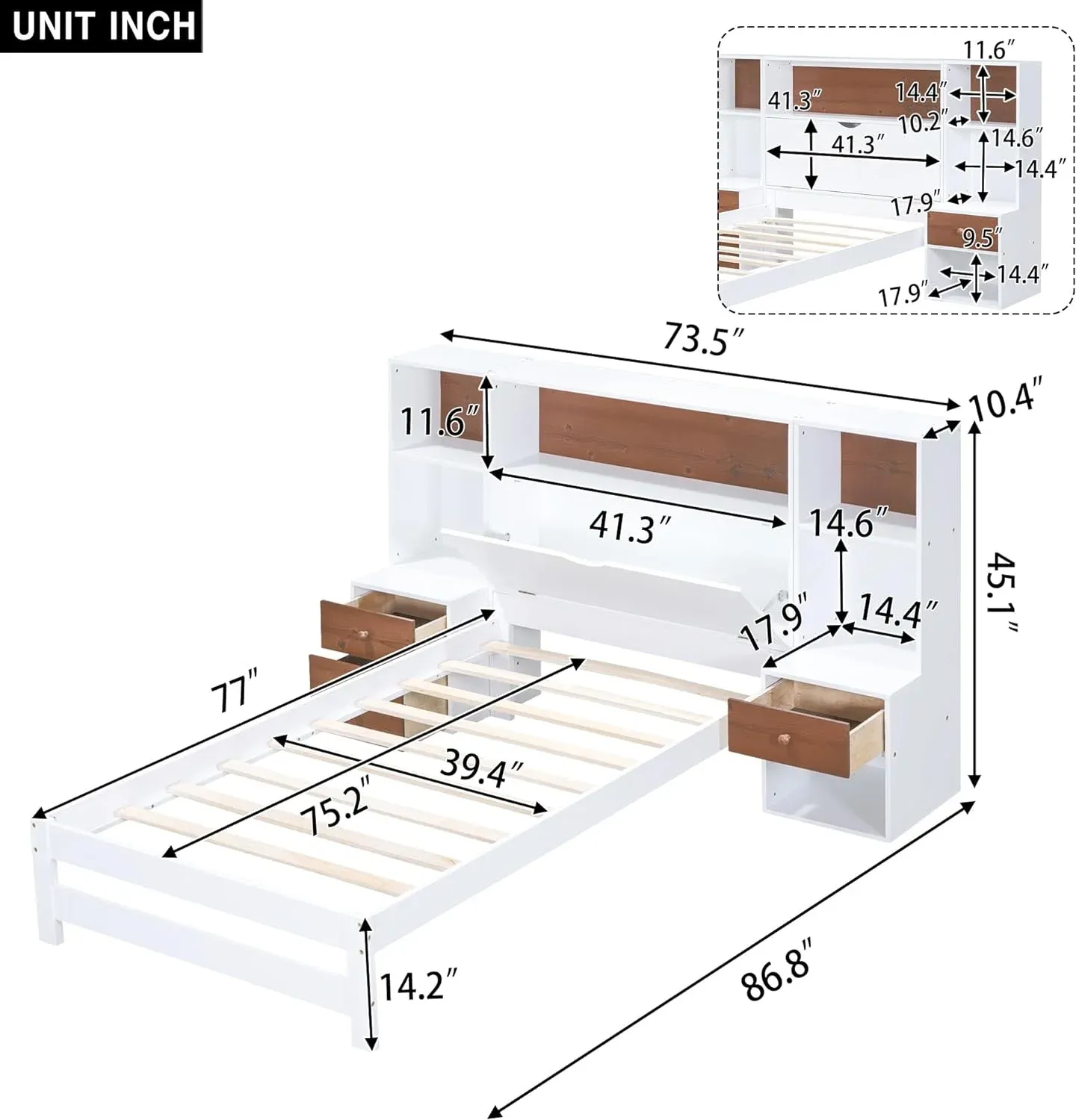 Twin Size Platform Bed with Storage Headboard and Drawers, Wooden Storage Bed Frame for Bedroom, Dorm, Bedroom Furniture