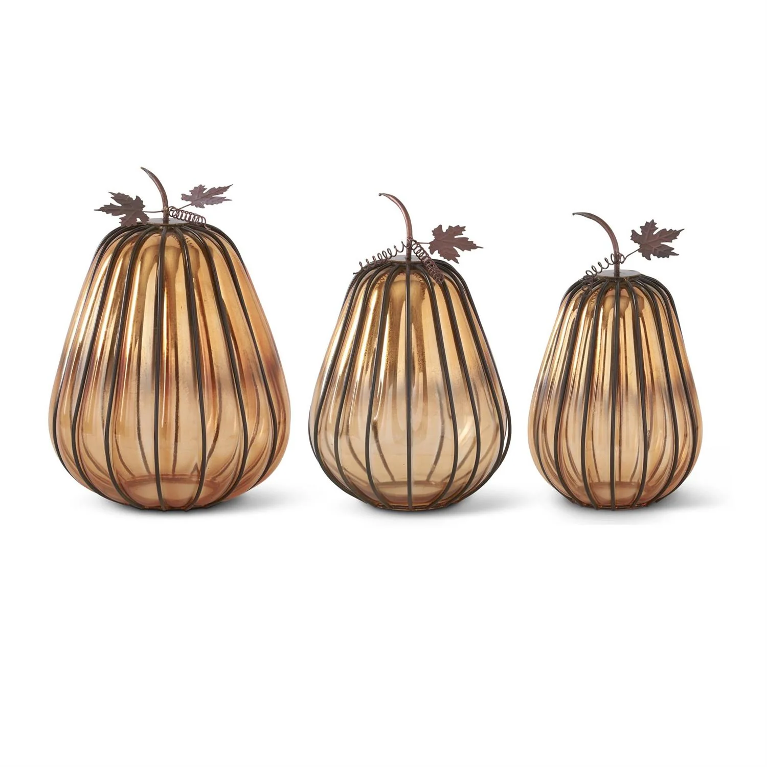 Orange Glass Pumpkin w/Dark Metal Stems (Set of 3)