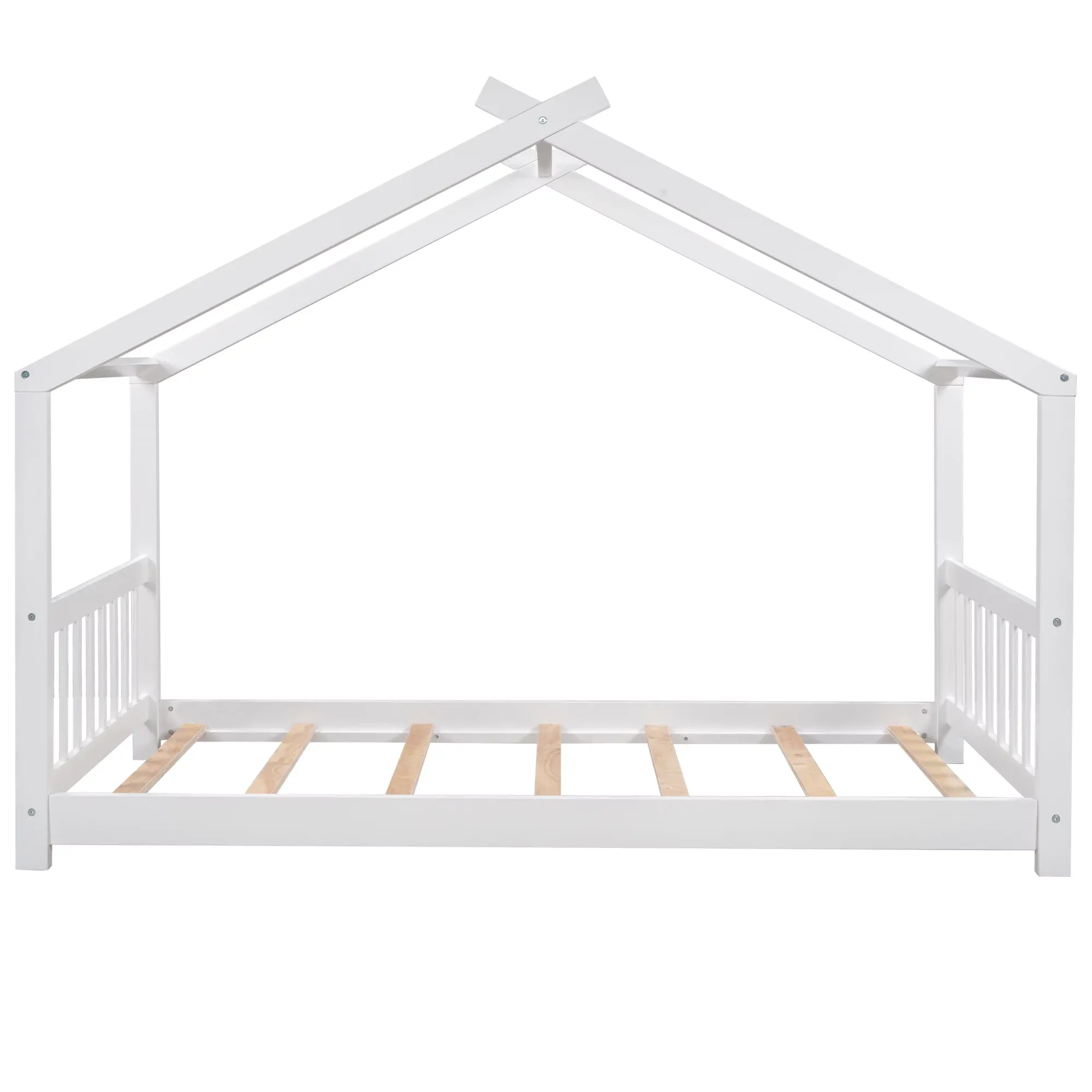 Twin Size White House Platform Bed with Roof Design Headboard and Footboard, Kids Bedroom Furniture
