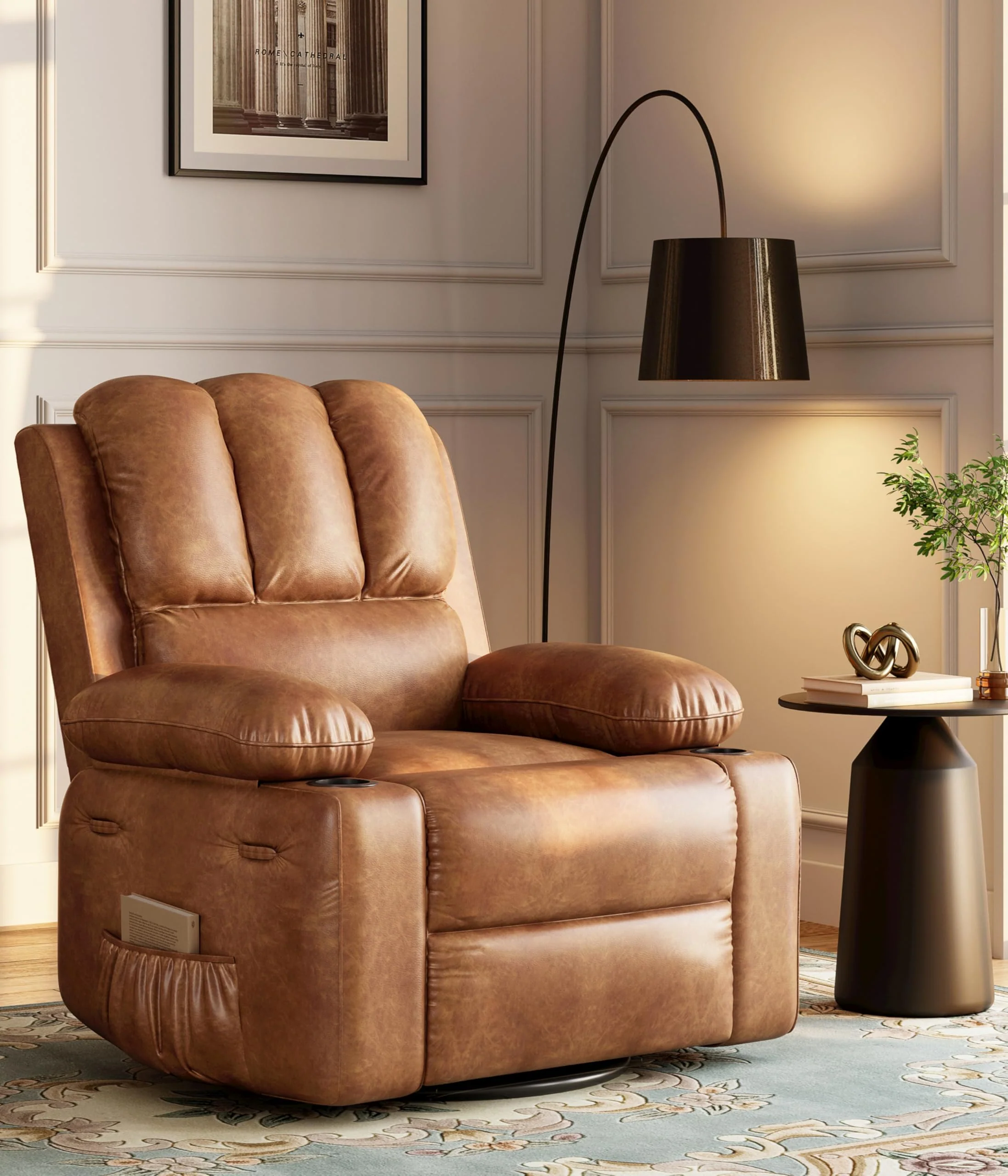 Garvee 22'' Massage Recliner Chair for Adults, Lazy Boy Recliner with Heat and Massage, 150% Sponge Filling, Side Pockets, and Cup Holders, for Living Room, Bedroom, and Nursery, Vintage Leather