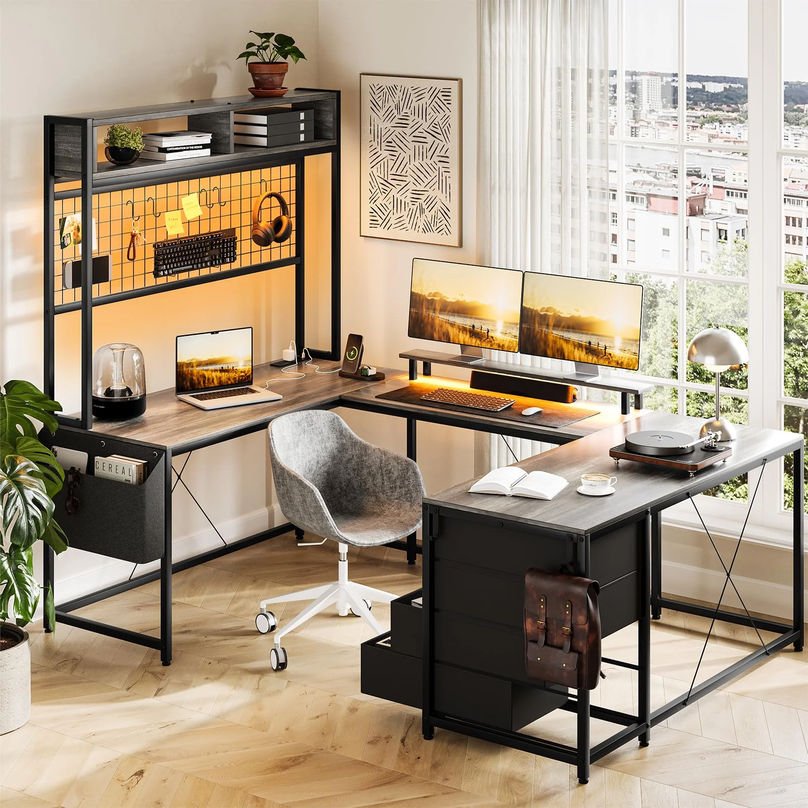 Garvee U Shaped Desk with Monitor Stand and LED Lights, U Shaped Gaming Desk with Storage Shelves, Large Computer Desk with Power Outlets, Large Corner Office Desk with 4 Drawers,Oak