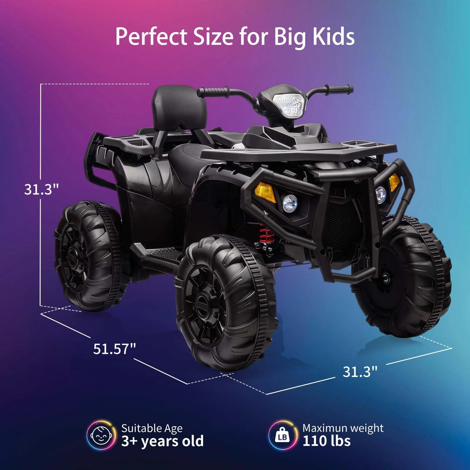 Garvee Kids Ride On ATV 4 Wheeler Electric Vehicle for Big Kids 2 Seater Battery Powered Ride On Toy Car with Spring Suspension, LED Lights, High & Low Speed, Music, USB, Soft Start for Toddlers, Black