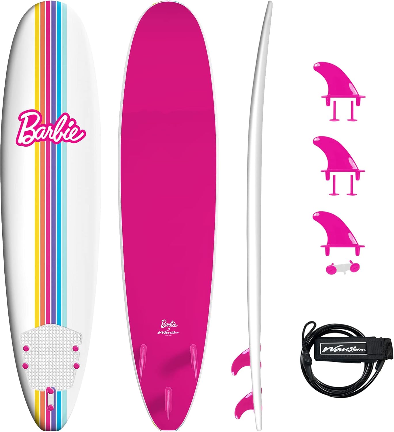 2026 BarbieTM Signature 8ft Surfboard by Wavestorm | Graphic top Deck with high Density Slick Bottom | for Kids and Adults |Foam Construction with Accessories | Leg Leash and Fin Set Included White