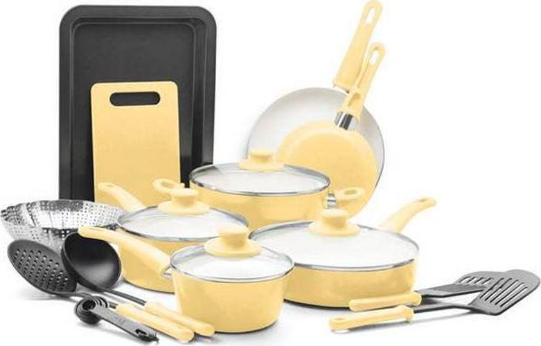 2026 GreenLife 18-Piece Soft Grip Toxin-Free Healthy Ceramic Non-Stick Cookware Set, Yellow, Dishwasher Safe
