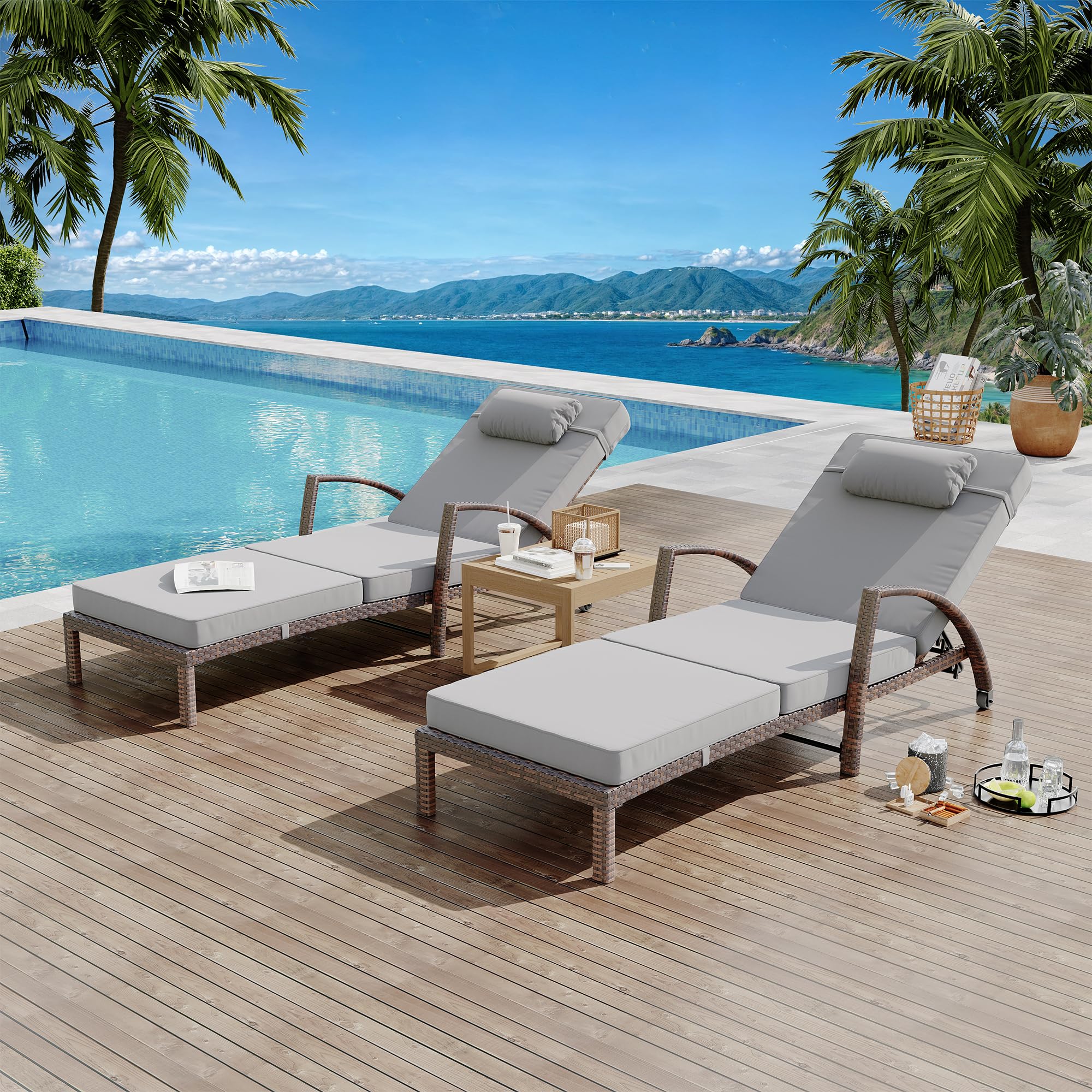 Garvee Outdoor Chaise Lounge Set of 2 Rattan Patio Folding Chaise Lounge Adjustable 5 Position Back Patio Pool Lounge Chair with Cushion Pillow for Poolside Backyard Deck Porch Grey