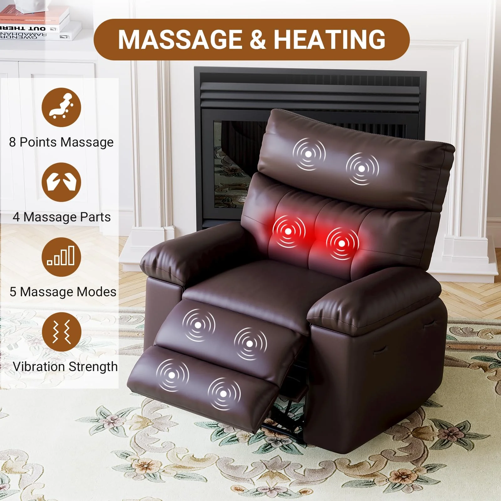 Garvee Swivel Massage Chair,Power Rocking Recliner Chair with Vibration and Heating,Overstuffed Faux Leather Single Sofa Chair,Home Rocking Glider Chairs for Living Room,Coffee