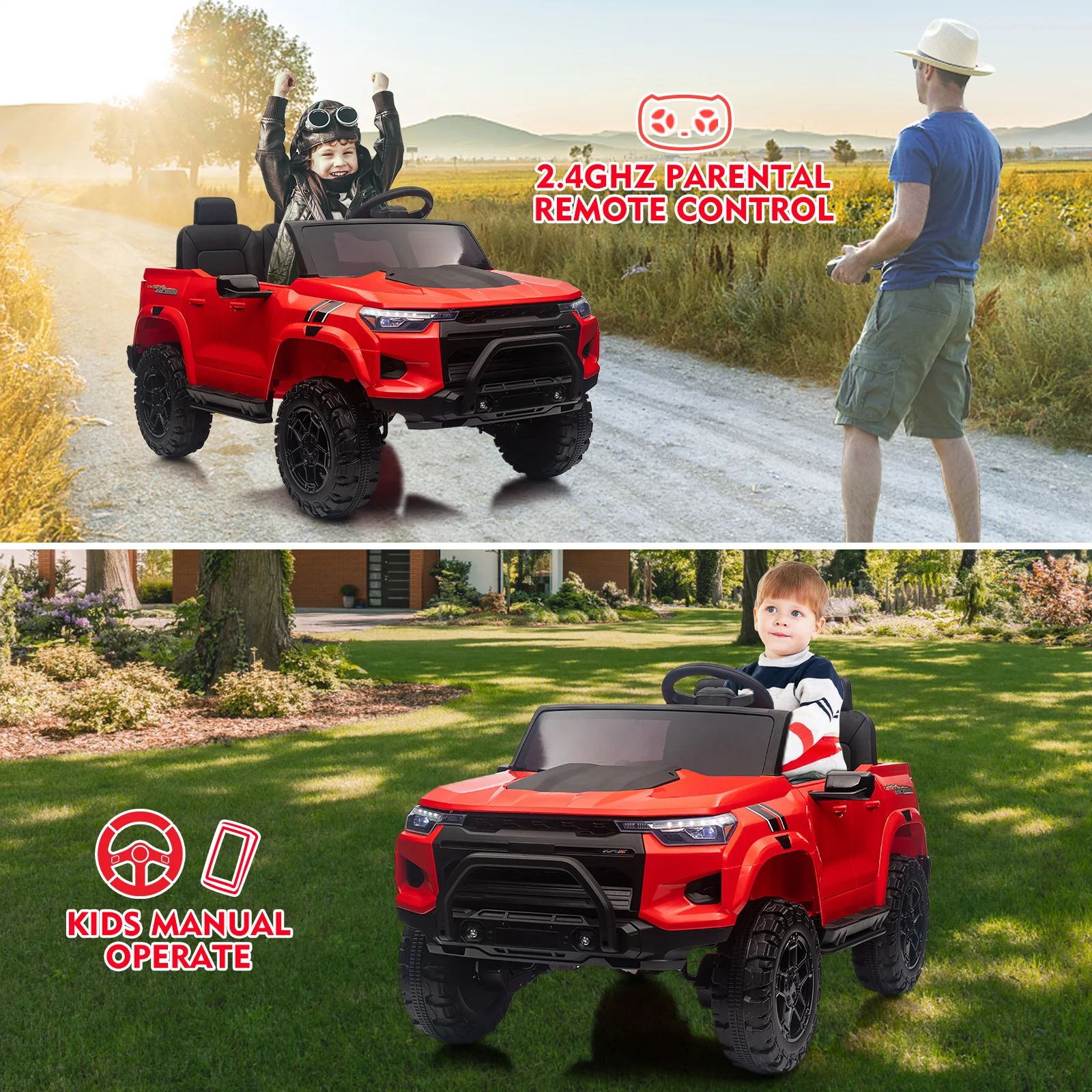Garvee 24V Kids Ride On Car 2 Seater Electric Ride On Toy for Toddlers Battery Powered Truck Car With Remote Control, Battery Display, Handle, Trunk, LED Lights, Music (Red)