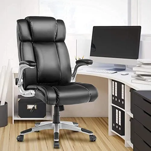 Executive Office Desk Chair with Flip-up Armrests, Executive Chair PU Leather Swivel Task Chair with Lumbar Support