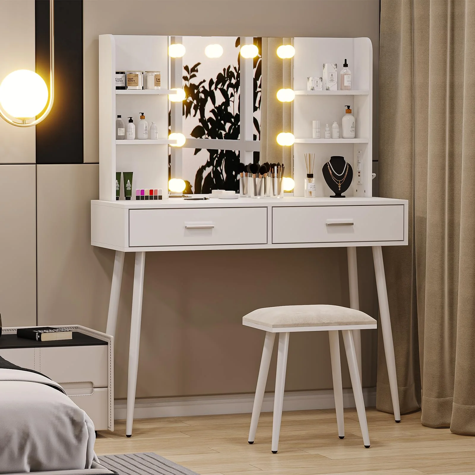 Garvee Vanity Desk, Makeup Vanity Desk with Touch Light Mirror and Power Outlet, Makeup Table with Stool and 2 Drawers, White