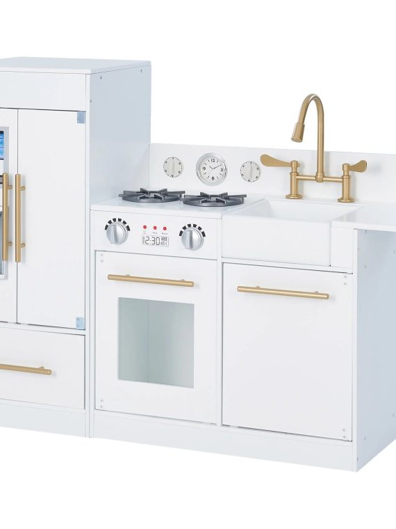 2026 Teamson Kids Little Chef Charlotte Modern Play Kitchen with Free-Standing Refrigerator, Separate Kitchenette Unit, & Interactive Features, White/Gold