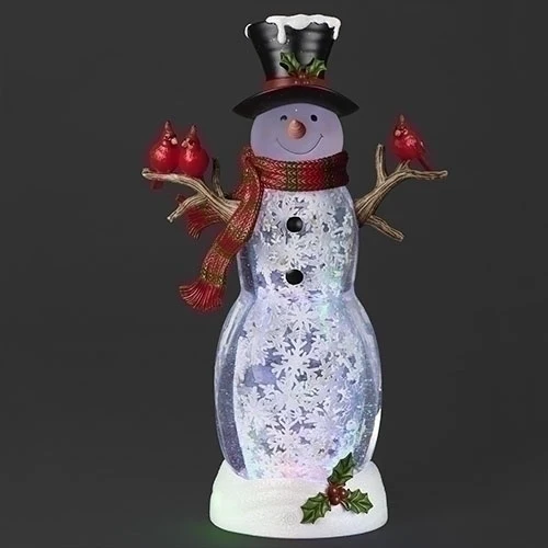 LED Lighted Swirl Snowman Water Globe W/ Scarf And Cardinals, 18