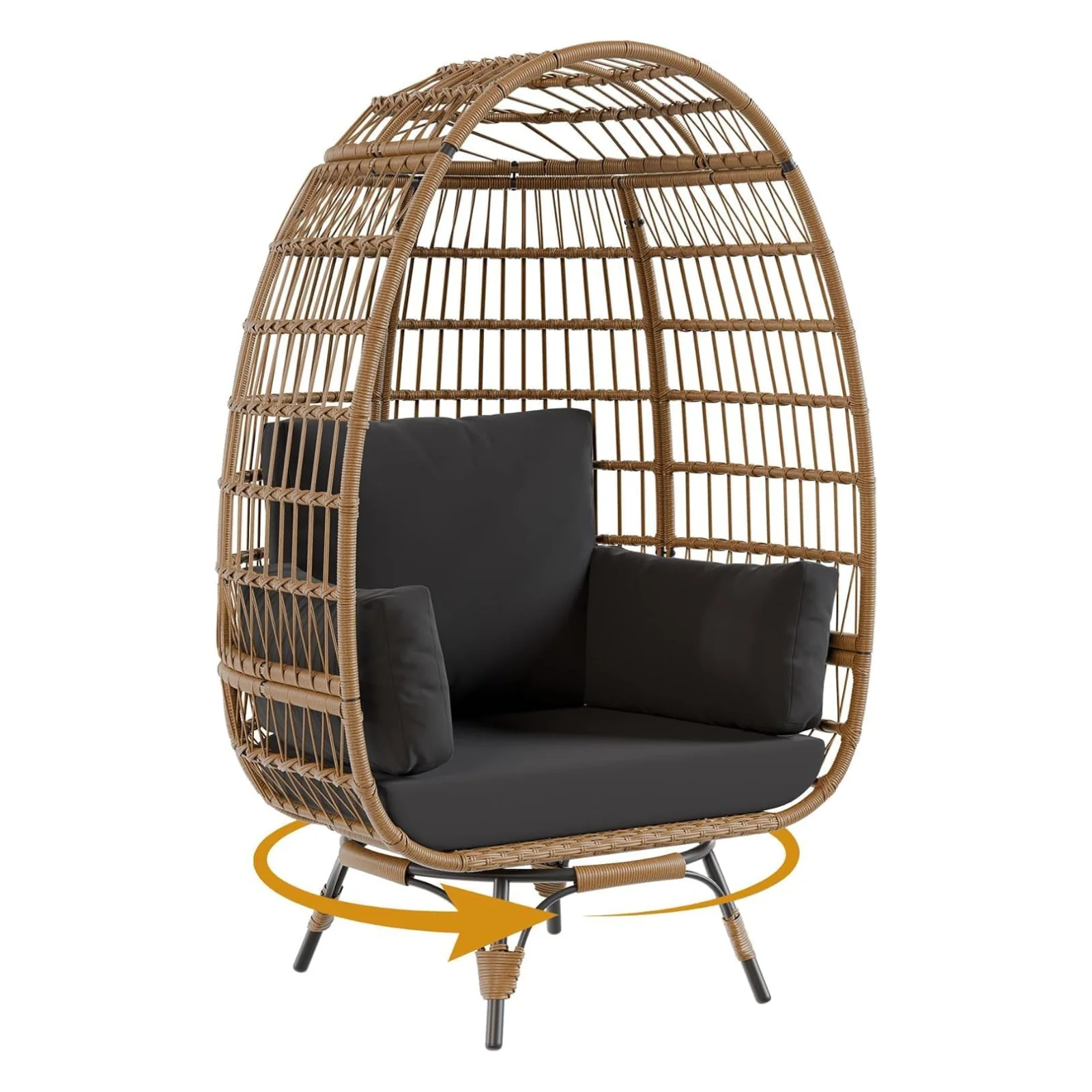 Garvee 360° Swivel Egg Chair, Oversized Patio Rotating Basket Chair, Steel Frame and Metal Base, Waterproof, PE Rattan Lounge Chair for Indoor & Outdoor Patio, Living Room, and Backyard, Black