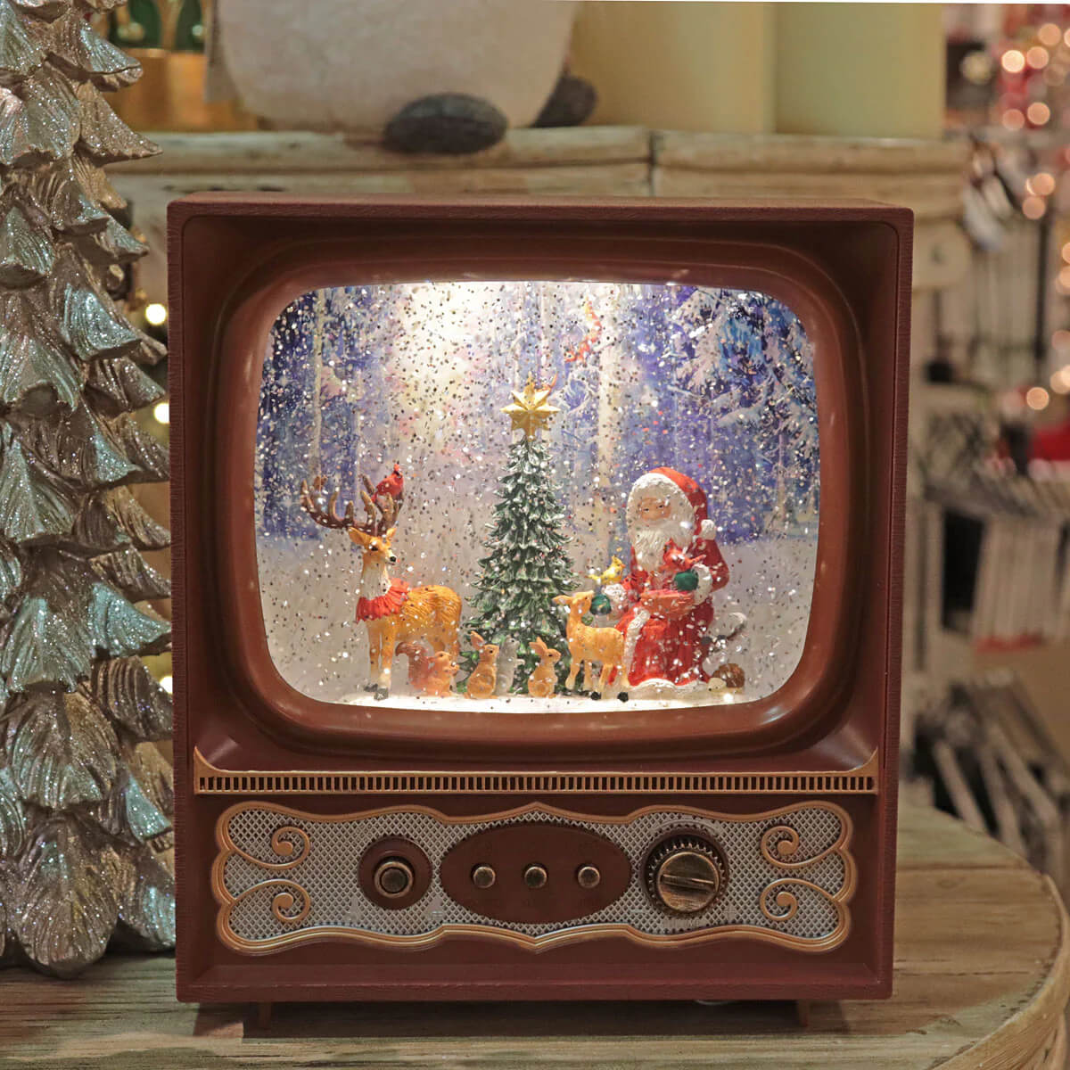 Musical Holiday Santa Scene Lighted Water TV With Forest Animals 9.8