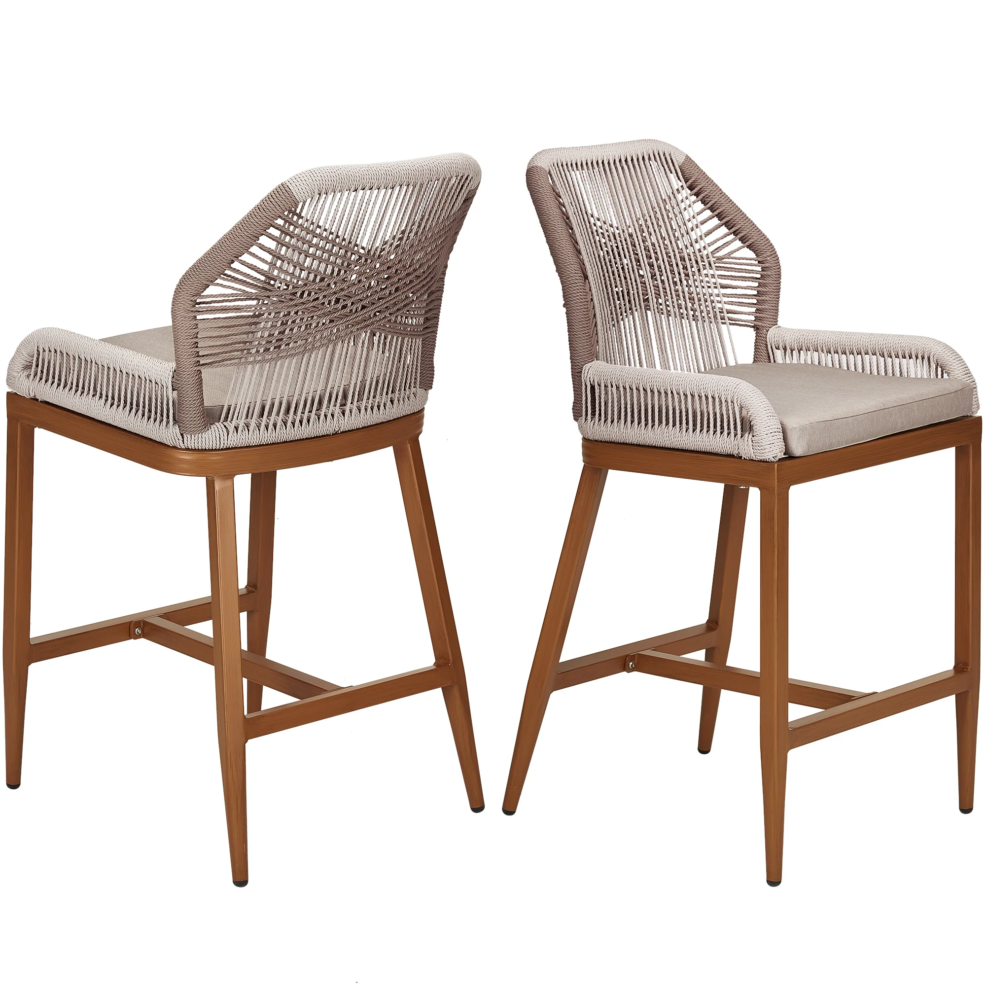 Garvee Bar Stools Set of 2 with Footrest, Counter Height Chairs with Back, All-Weather Design, Chic Ergonomics, Rattan Bar Stools, Cushions Included, Easy Assembly for Patio and Garden, Wood Grain