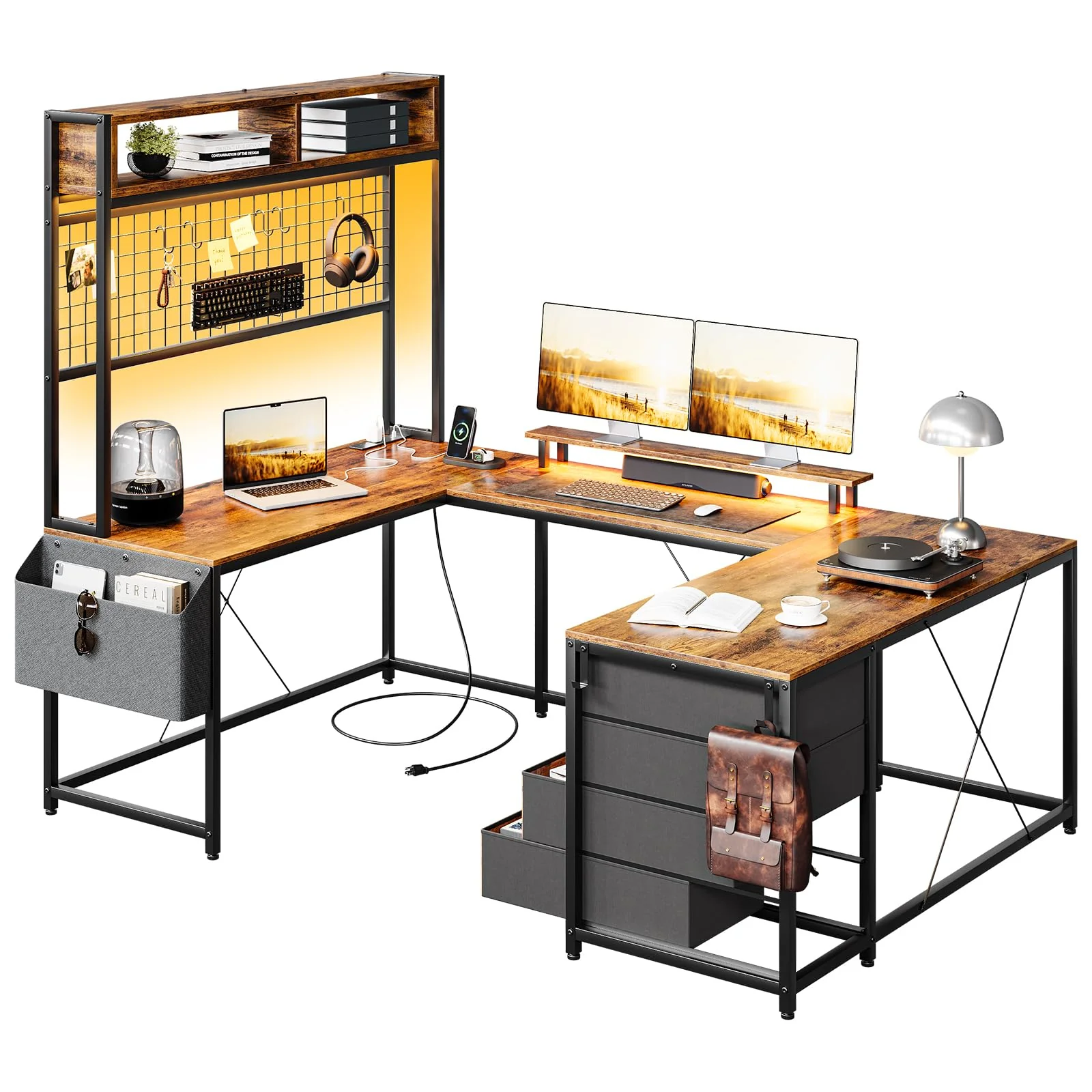 Garvee U Shaped Desk with Monitor Stand and LED Lights, U Shaped Gaming Desk with Storage Shelves, Large Computer Desk with Power Outlets, Large Corner Office Desk with 4 Drawers,Rustic Brown