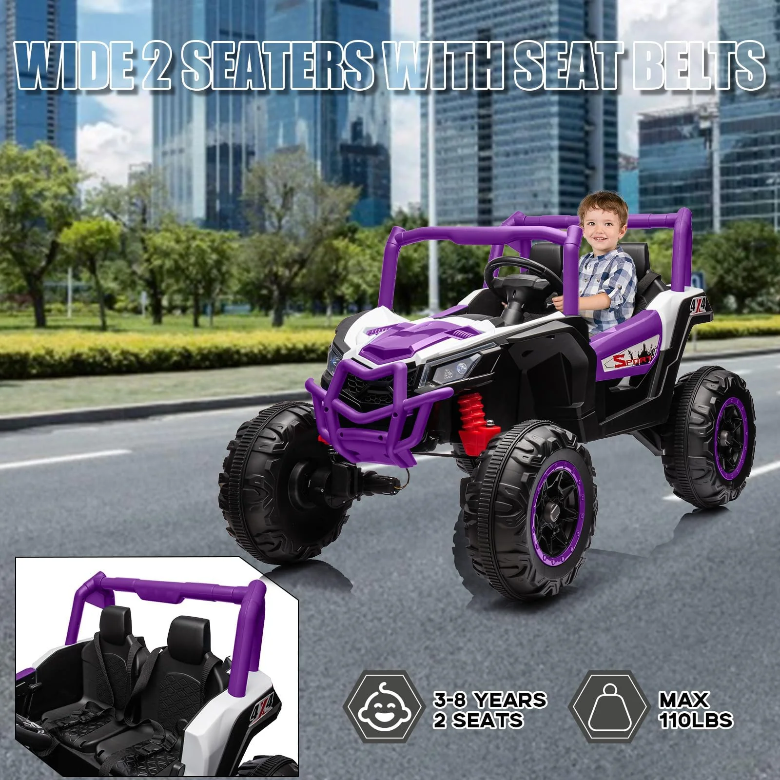 Garvee 2 Seater Ride on Car,12V Battery Powered Off-Road UTV Toy,Electric Car with Remote Control,Metal Frame,EVA Wheels,LED,Spring Suspension for 3-8 Boys&Girls - Purple